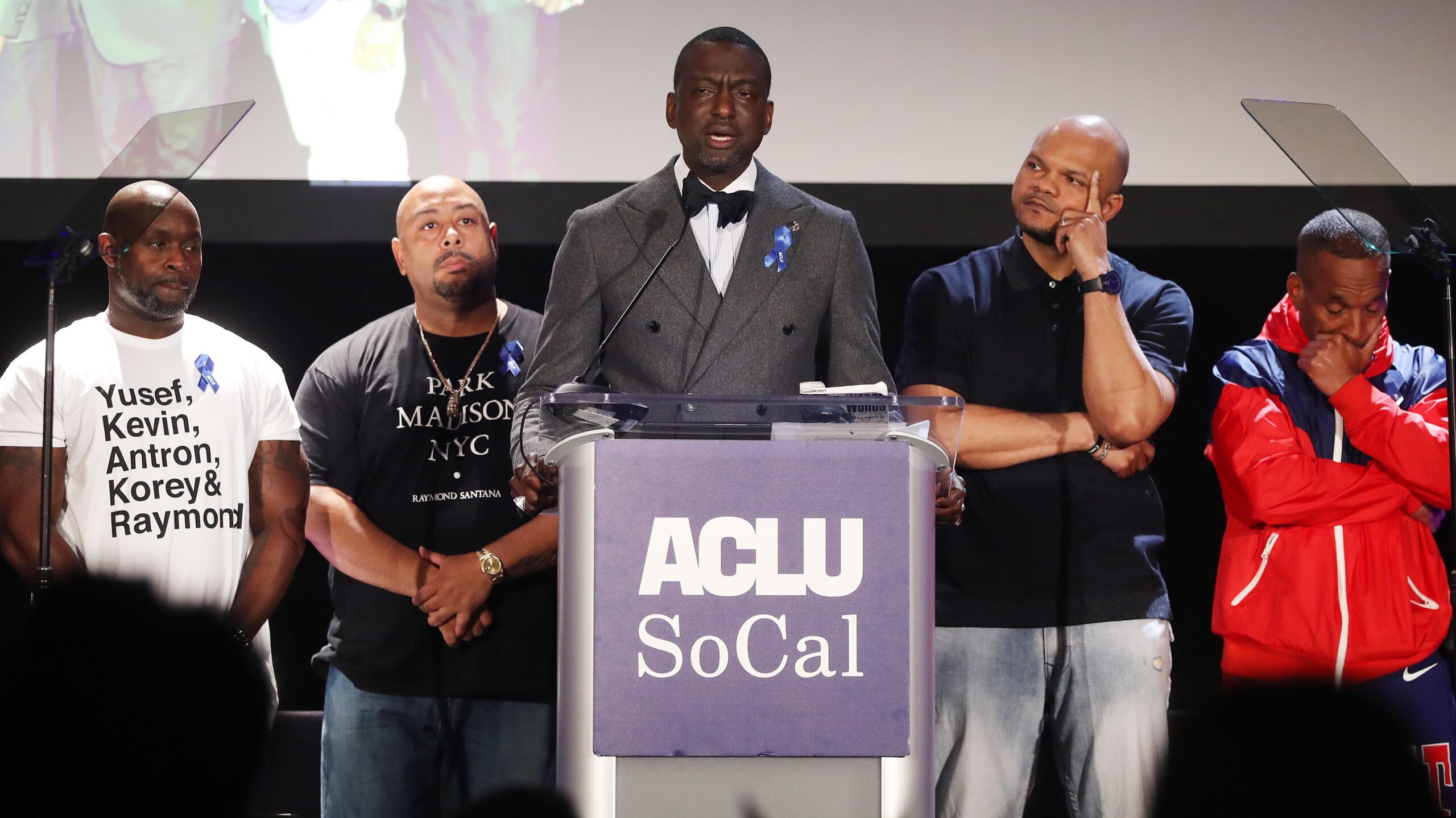 Honorees (L to R) Antron McCray, Raymond Santana, Yusef Salaam, Kevin Richardson and Korey Wise appear on stage at the American Civil Liberties Union (ACLU) of Southern California's 25th annual awards luncheon on June 7, 2019 in Los Angeles, California. The five were wrongfully convicted as teenagers of raping a jogger in New York's Central Park in 1989. They were dubbed 'The Central Park Five' at the time and have since been released from prison and completely exonerated. - Getty Images