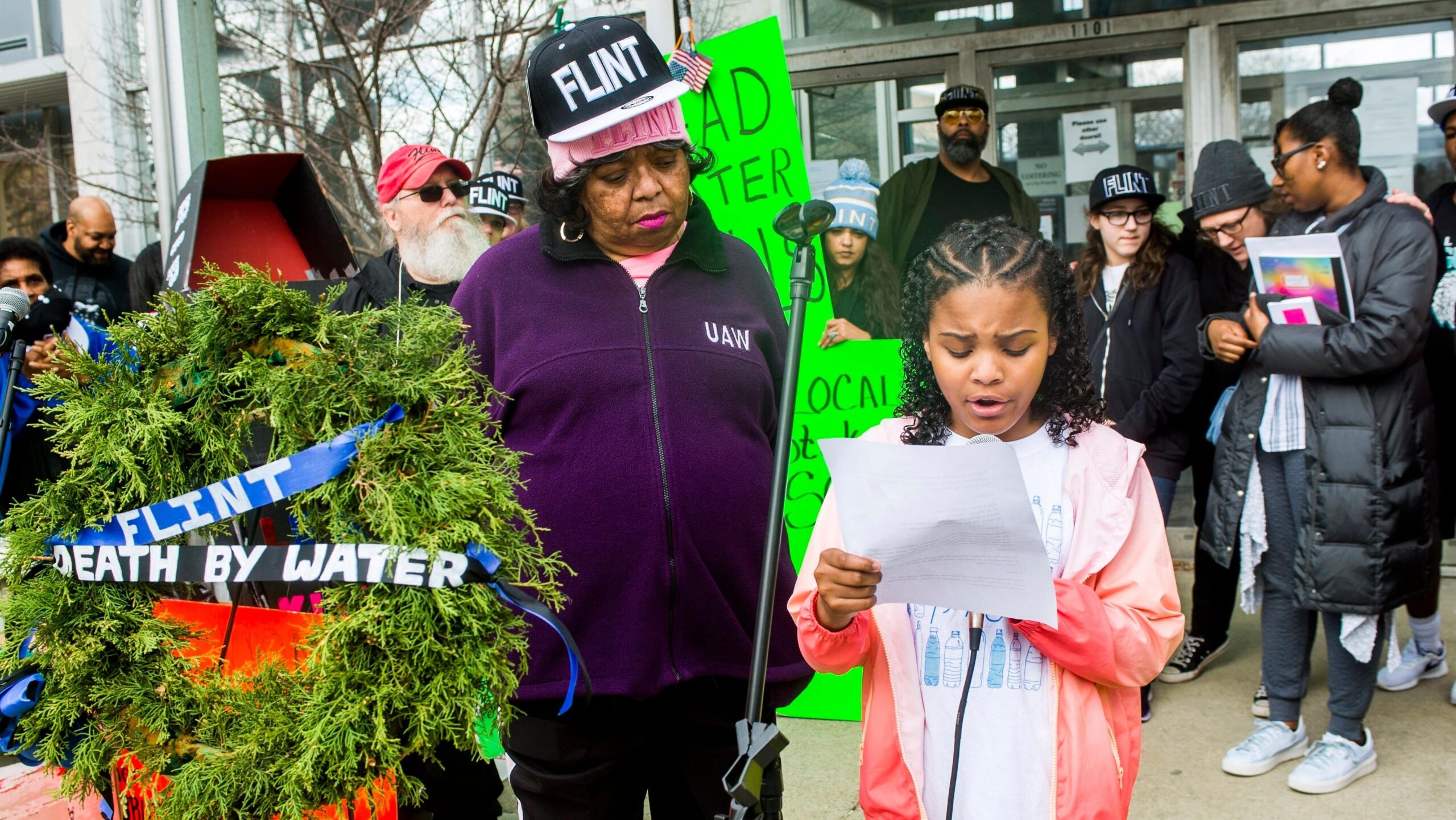 Mari Copeny, a 10-year-old better known as Little Miss Flint, speaks as more than 60 people protest on the four-year anniversary of the start of the Flint water crisis on Wednesday, April 25, 2018, outside of the city hall in downtown Flint. (Jake May/The Flint Journal-MLive.com via AP) - Associated Press