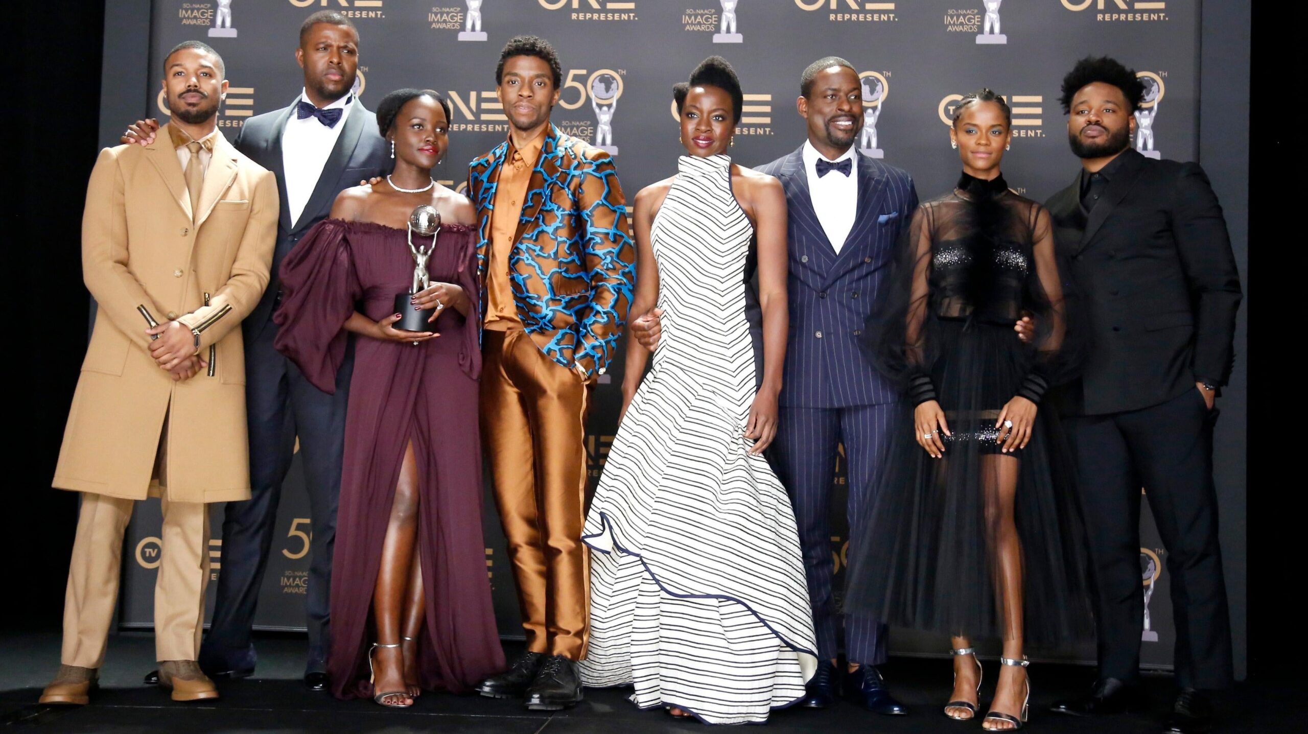 MARCH 30: (L-R) Michael B. Jordan, Winston Duke, Lupita Nyong'o, Chadwick Boseman, Danai Gurira, Sterling K. Brown, Letitia Wright, and Ryan Coogler -- winner of Outstanding Directing in a Motion Picture (Film) -- winners of Outstanding Motion Picture and Outstanding Ensemble Cast in a Motion Picture for 'Black Panther', attend the 50th NAACP Image Awards at Dolby Theatre on March 30, 2019 in Hollywood, California. (Photo by Liliane Lathan/Getty Images for NAACP) - Getty Images