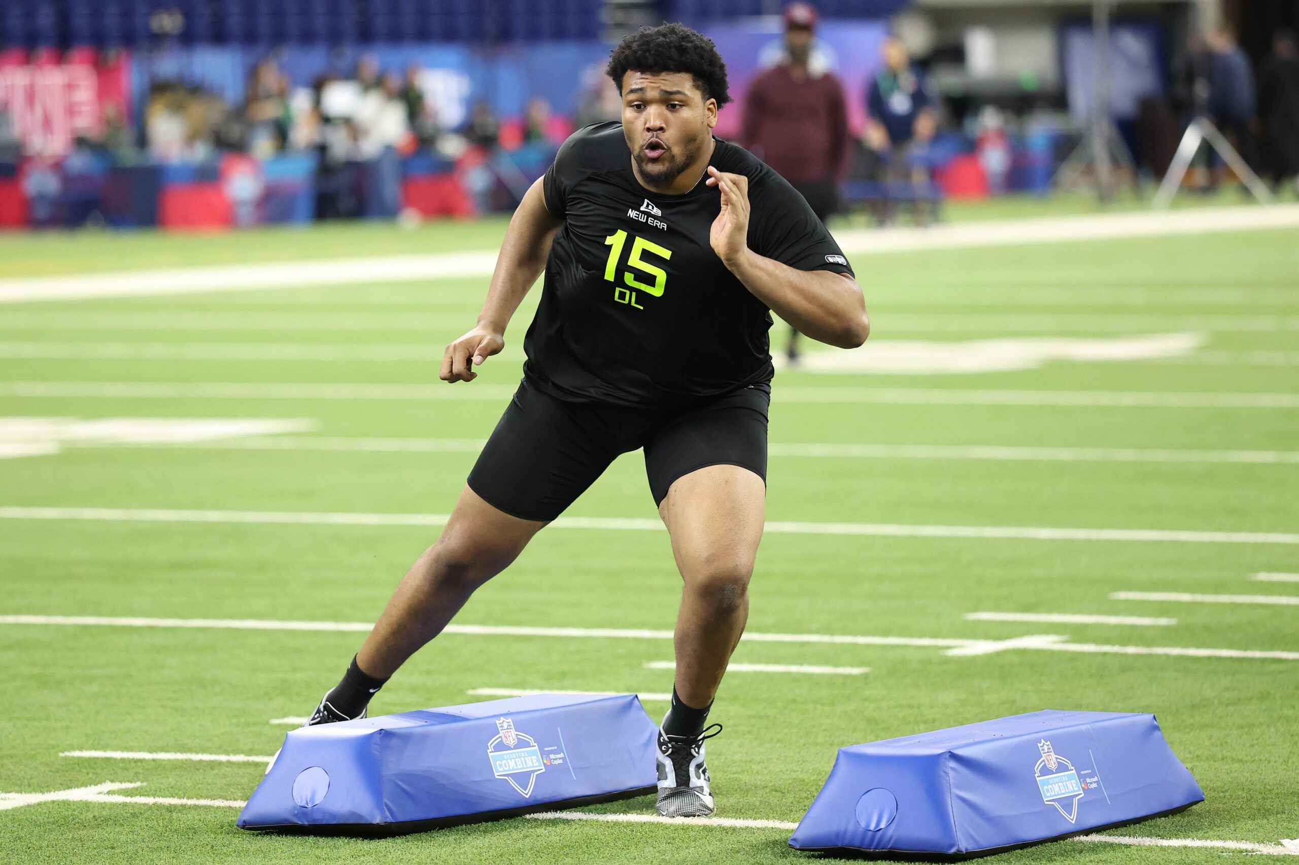 Derrick Harmon #DL15 of Oregon participates in a drill during the NFL Scouting Combine at Lucas Oil Stadium on February 27, 2025 in Indianapolis, Indiana. Image: Getty Images Photo by Stacy Revere/Getty Images