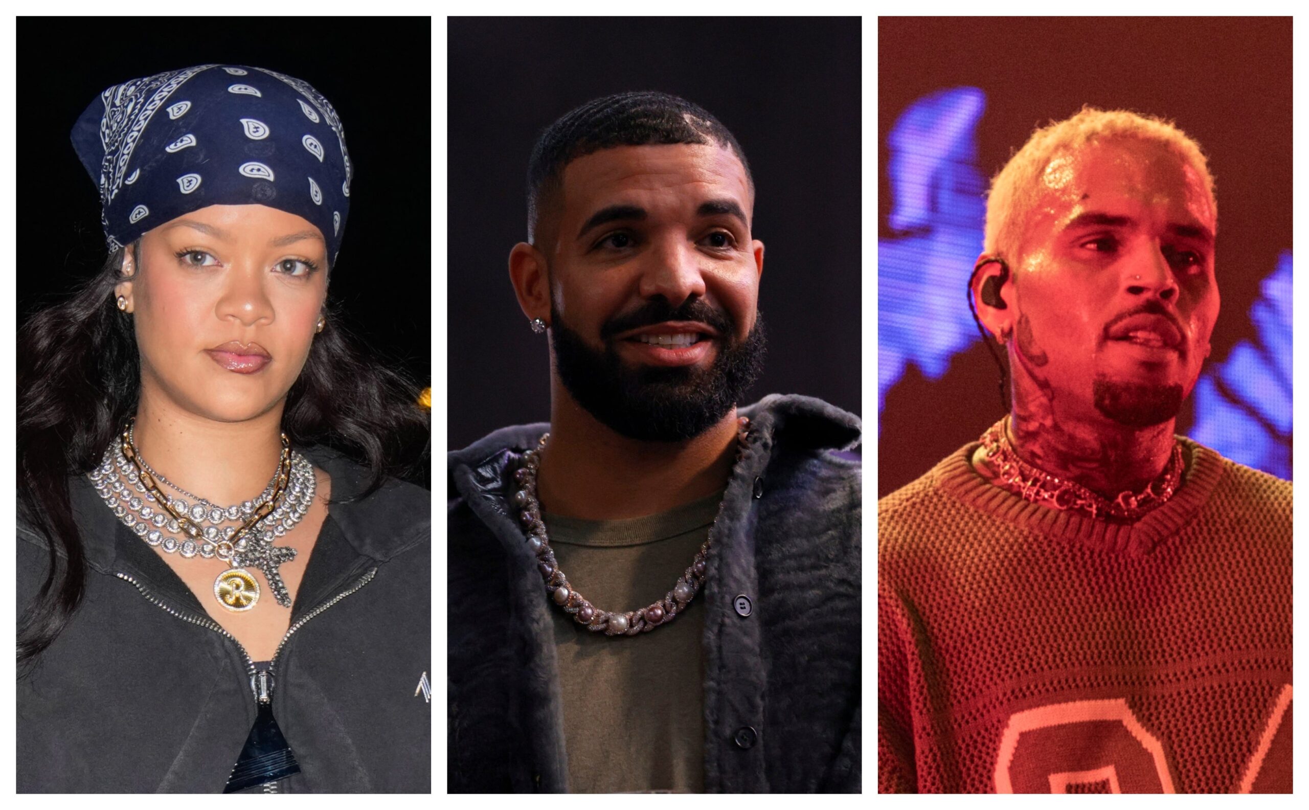 Rihanna, left; Drake, and Chris Brown. Photo: Getty Images XNY/Star Max/GC Images; Amy Sussman; Per-Anders Pettersson