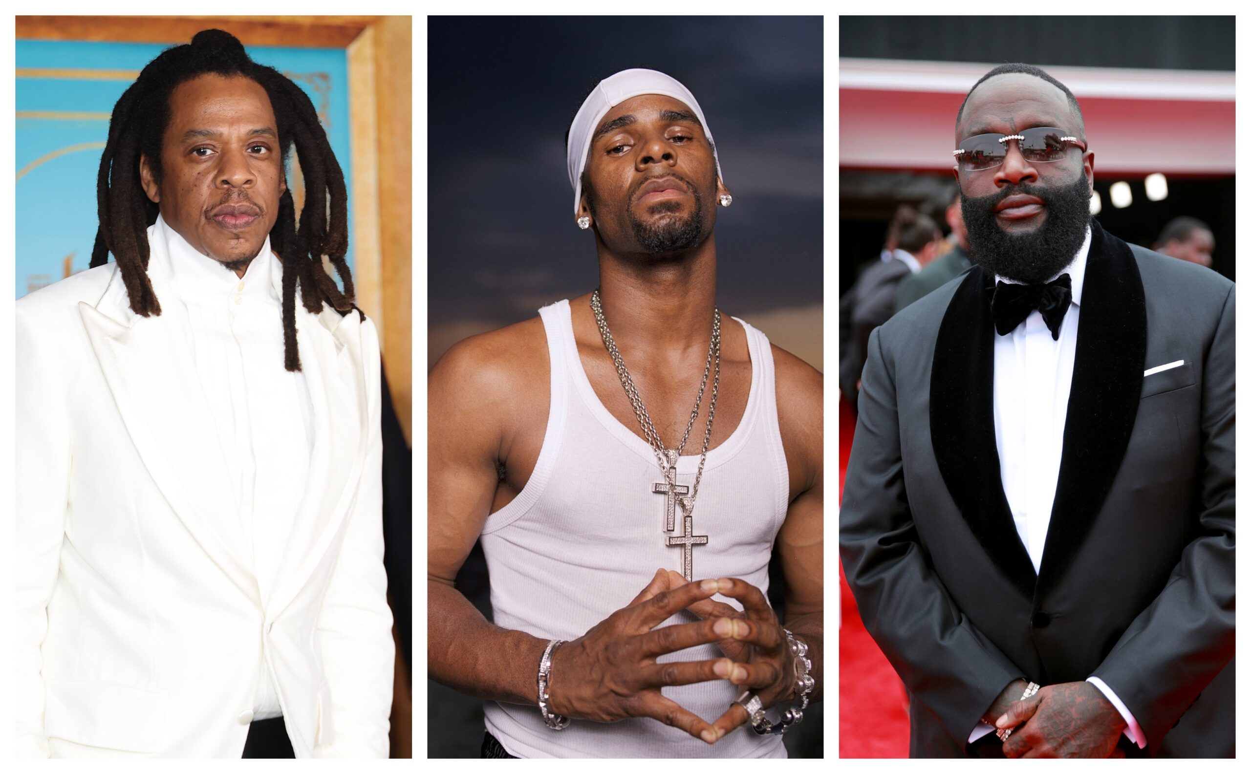 Jay-Z, left; R. Kelly, and Rick Ross. Photo: Getty Images Monica Schipper/WireImage; Gregory Bojorquez; Rich Fury/Getty Images for The Recording Academy