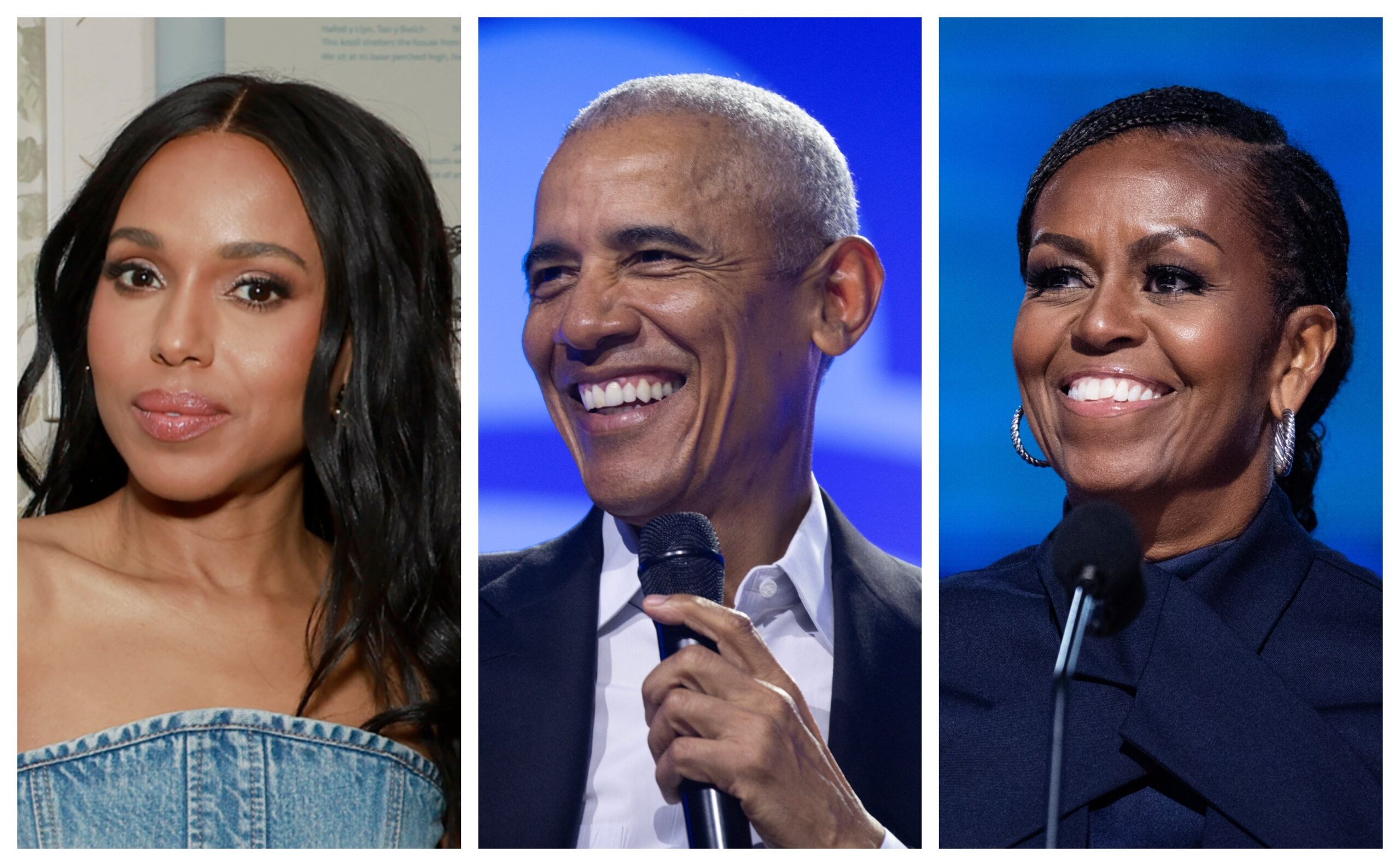 Kerry Washington, left; Former President Barack Obama and Michelle Obama. Photo: Getty Images Jason Mendez for Netflix; Scott Olson; om Williams/CQ-Roll Call, Inc