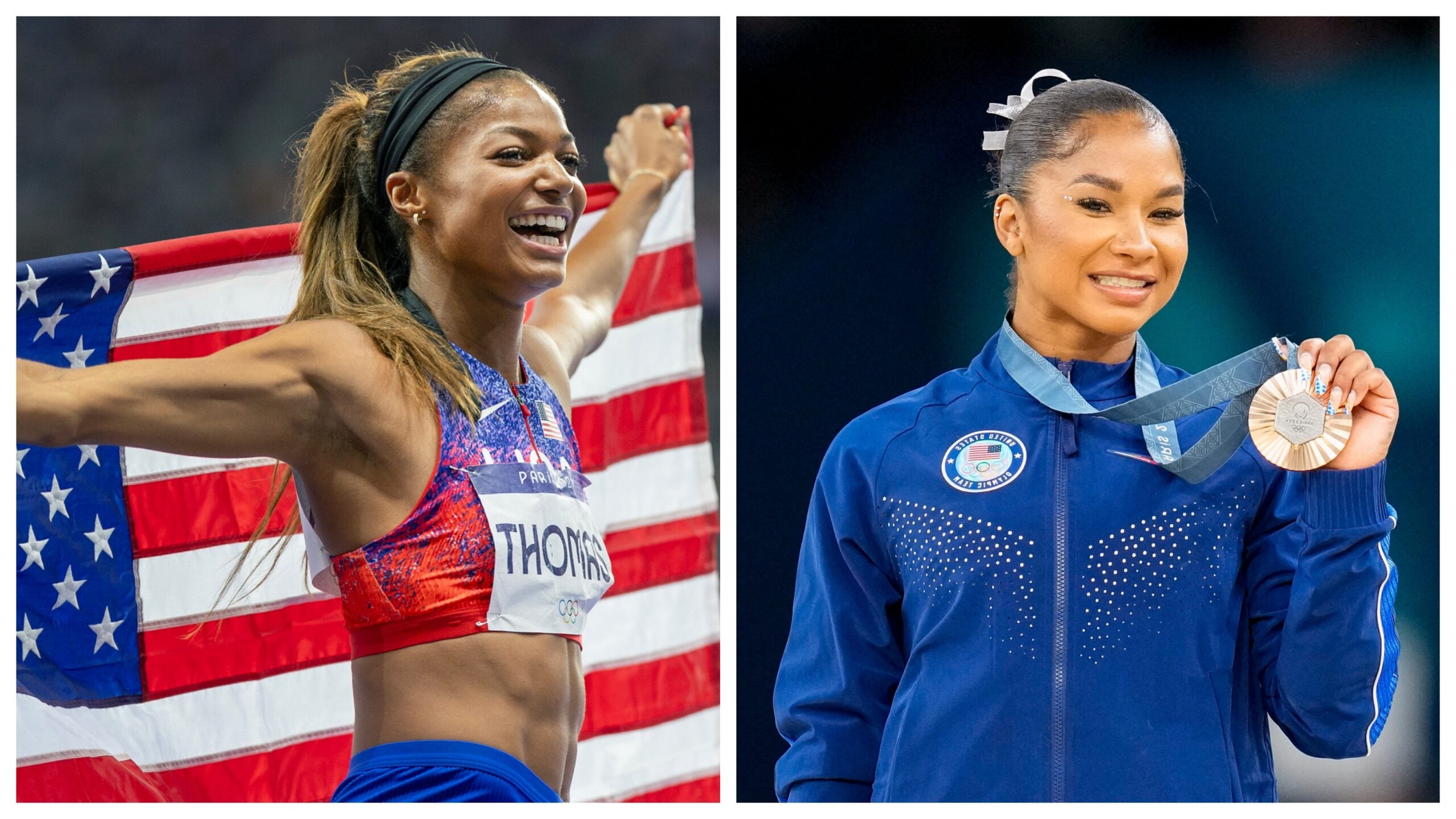 Gabby Thomas, left; Jordan Chiles. Photo: Getty Images Tim Clayton/Corbis; Alex Gottschalk/DeFodi Images