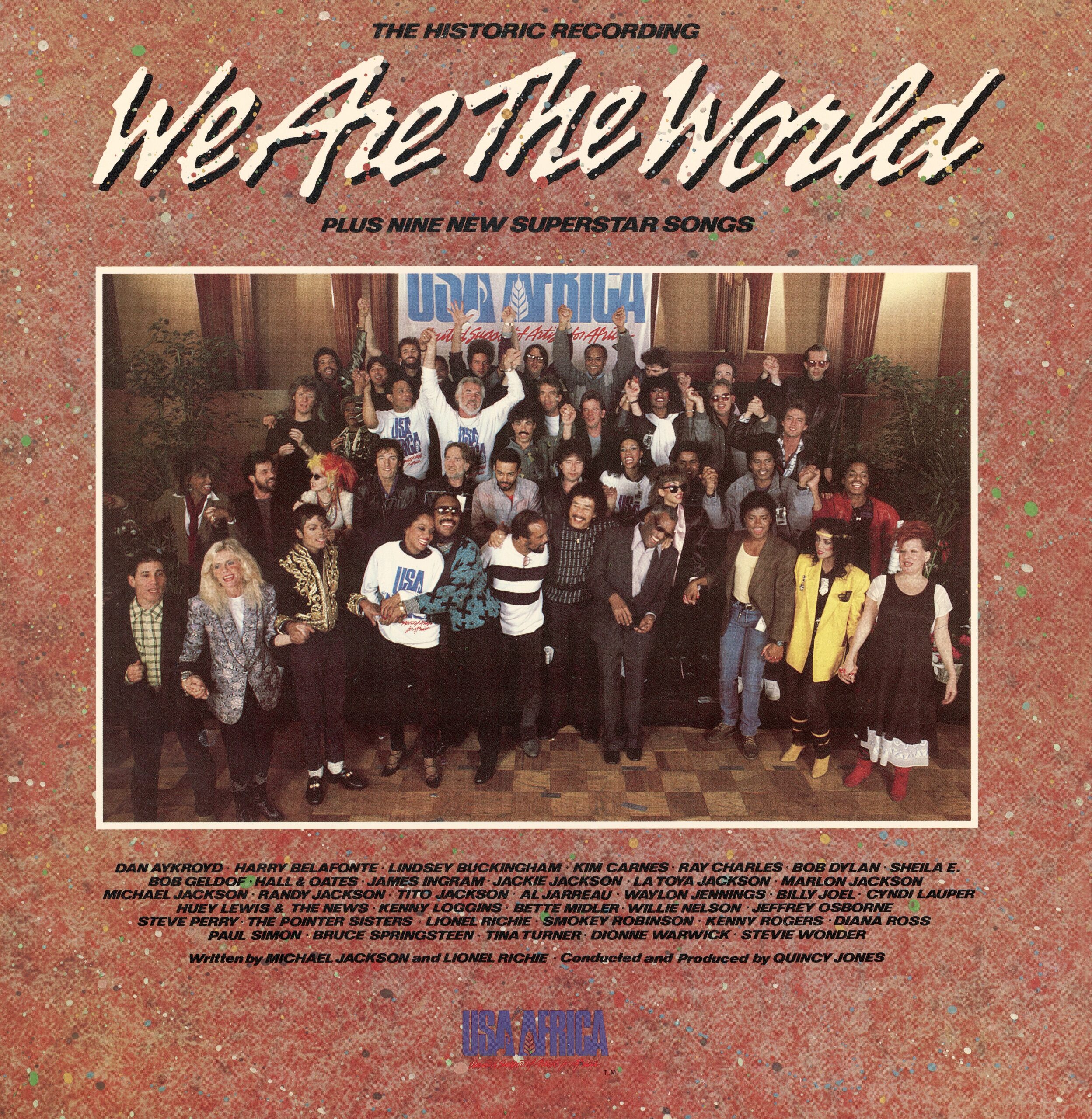 Front cover of the ‘USA for Africa We are the World’ record album, the music on which was designed to raise awareness and funds for a worldwide hunger relief program, 1985. Image: Getty Images Blank Archives