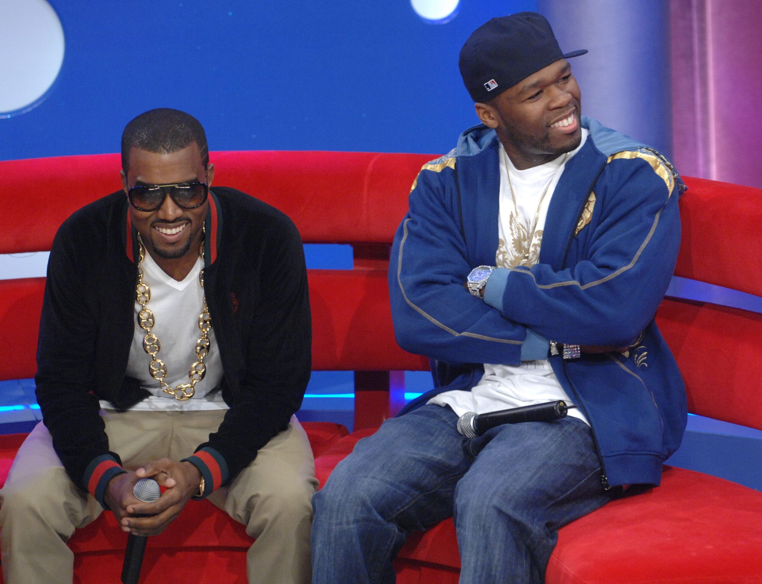 NEW YORK - SEPTEMBER 11: Recording artists Kanye West (L) and 50 Cent appear on BET’s 106 & Park at BET Studios September 11, 2007 in New York City. Photo: Getty Images Brad Barket