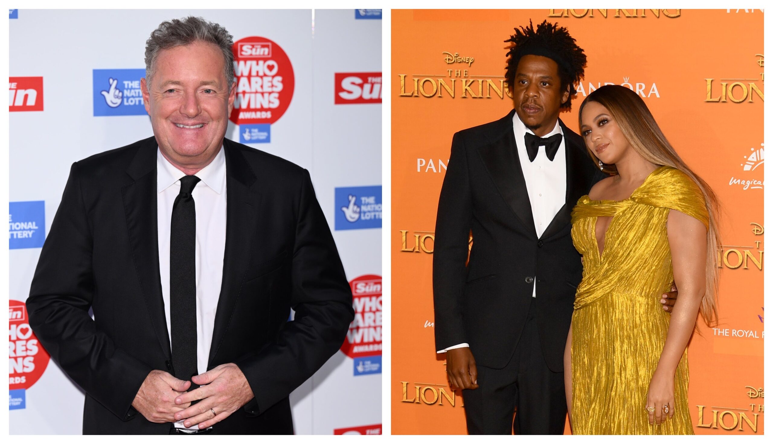 Piers Morgan (L), Jay-Z and Beyoncé (R) Image: Getty Images Karwai Tang/WireImage / Gareth Cattermole/Getty Images for Disney
