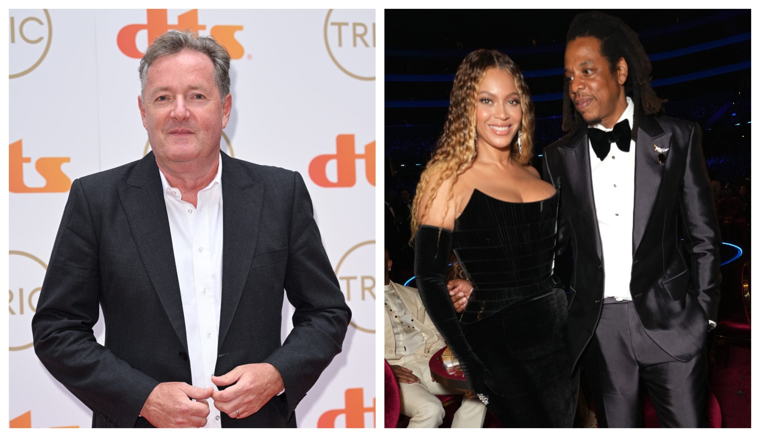 Pictured: Piers Morgan, Beyoncé and Jay-Z Image: Getty Images Photo by Karwai Tang/WireImage / Kevin Mazur/Getty Images for The Recording Academy