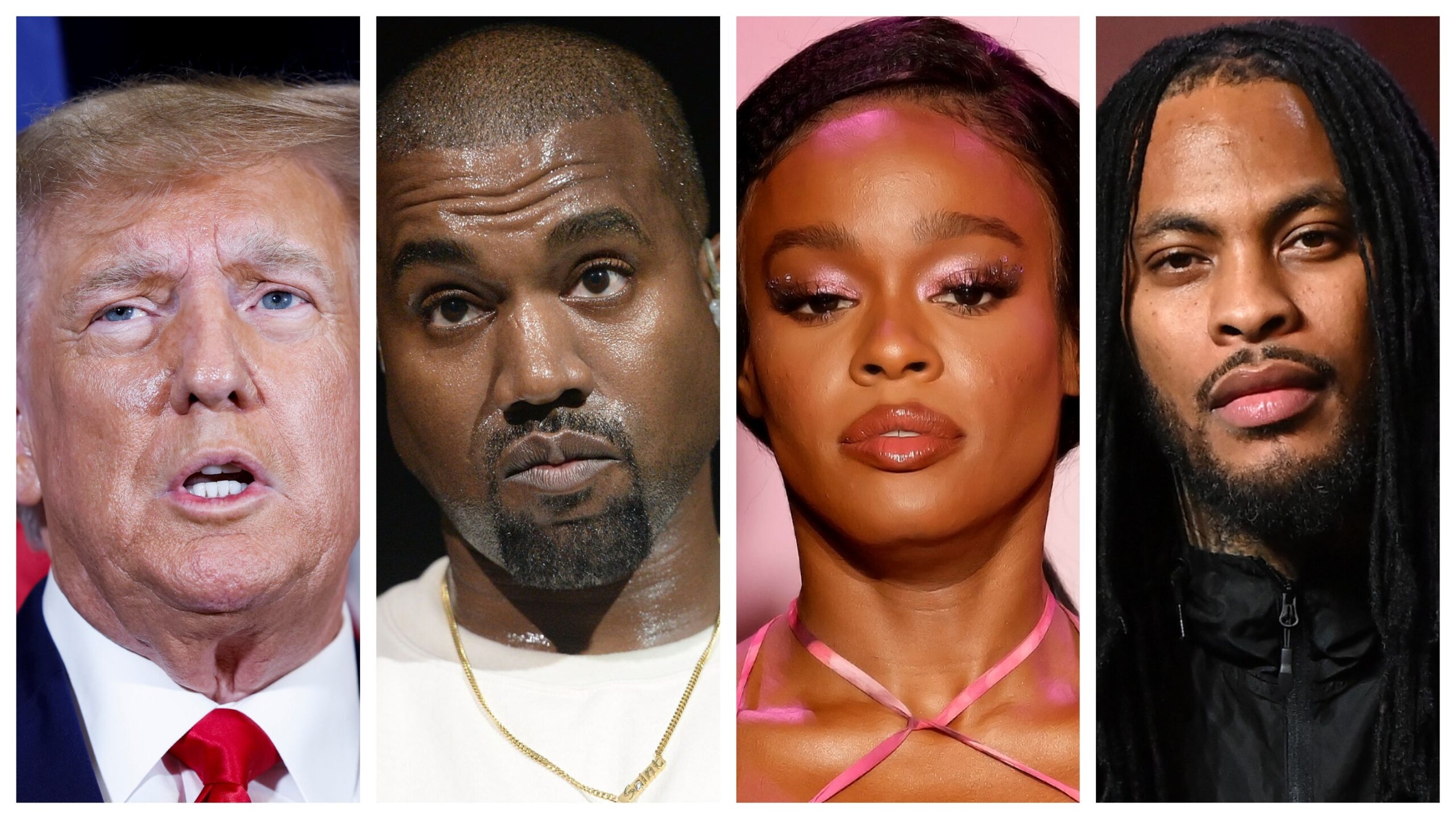 Donald Trump, left; Kanye ‘Ye” West, Azealia Banks, and Wacka Flocka Flame. Image: Getty Images Anna Moneymaker; Scott Dudelson/FilmMagic; Frazer Harrison; Paras Griffin