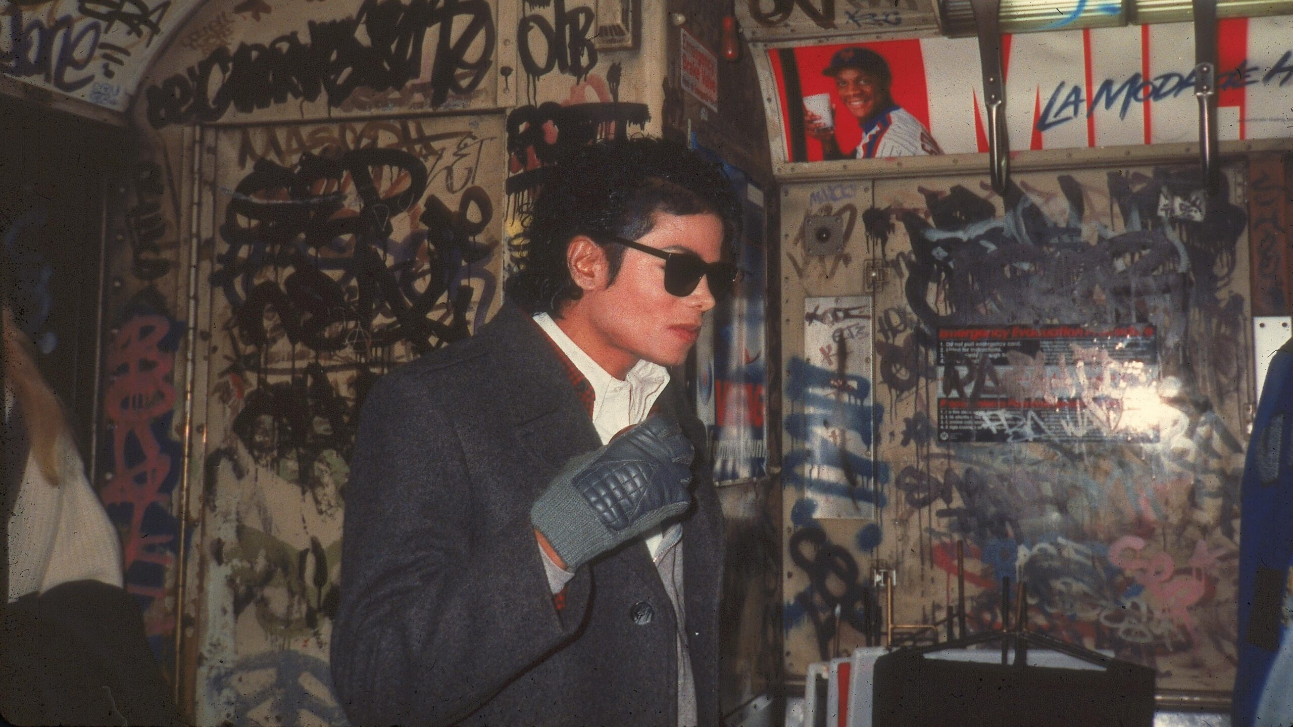 Michael Jackson (1958 - 2009) stands in a graffiti-filled subway car during the filming of the long-form music video for his song ‘Bad,’ directed by Martin Scorsese, New York, New York, November 1986. Photo: Getty Images Vinnie Zuffante/Hulton Archive