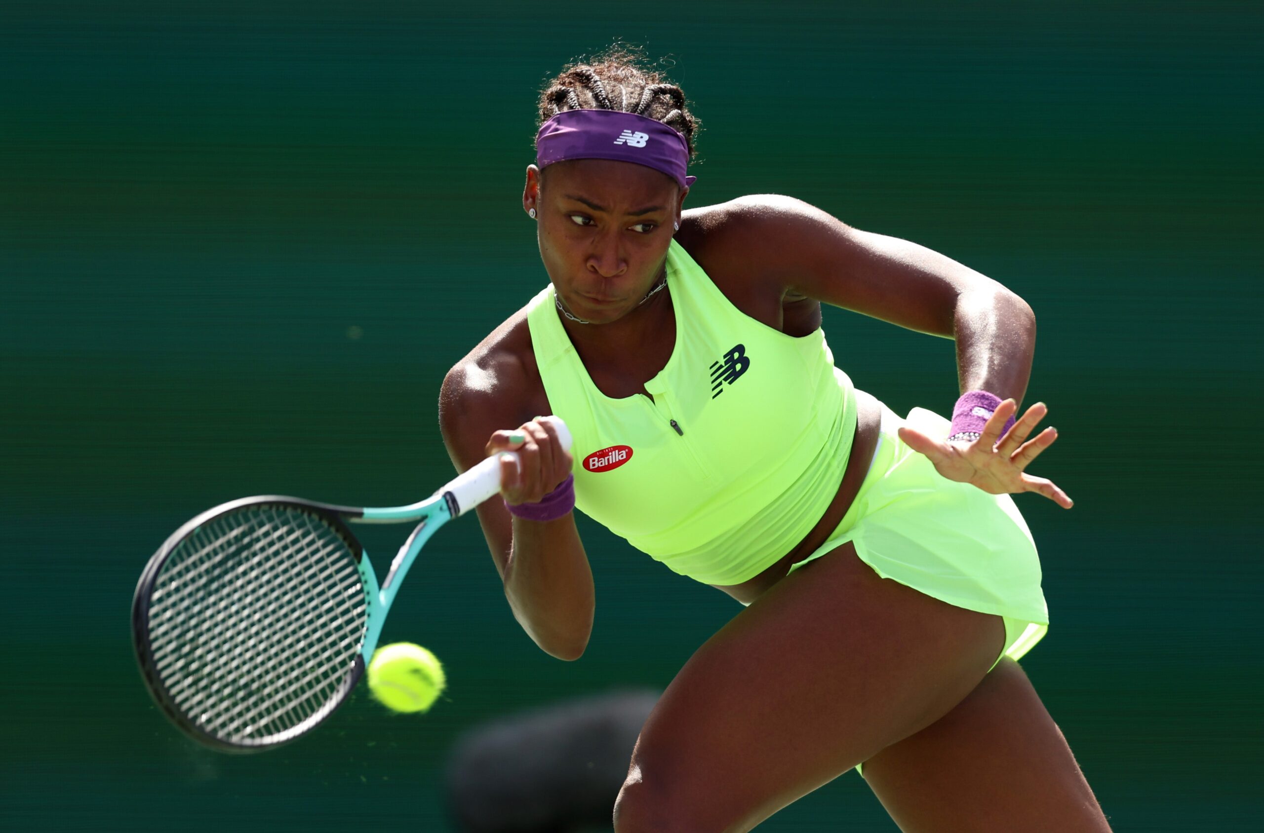 INDIAN WELLS, CALIFORNIA - MARCH 09: Coco Gauff of the United States plays a forehand against Clara Burel of France in their second round match during the BNP Paribas Open at Indian Wells Tennis Garden on March 09, 2024 in Indian Wells, California. Photo: Getty Images Clive Brunskill