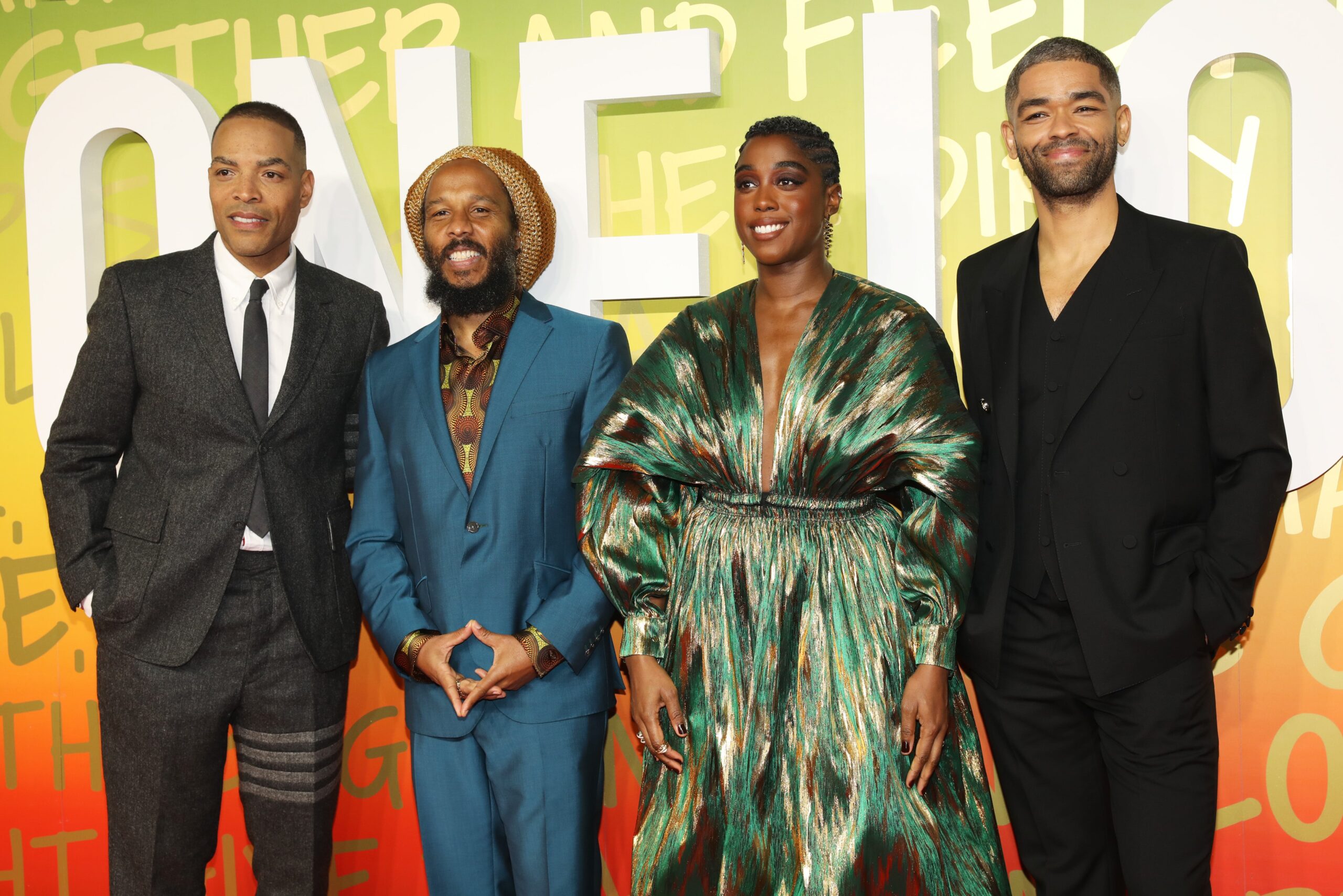 Director Reinaldo Marcus Green, left; Ziggy Marley, Lashana Lynch and Kingsley Ben-Adir attend the UK Premiere of “Bob Marley: One Love” at the BFI IMAX Waterloo on January 30, 2024 in London, England. Photo: Getty Images Sama Kai/Dave Benett/WireImage