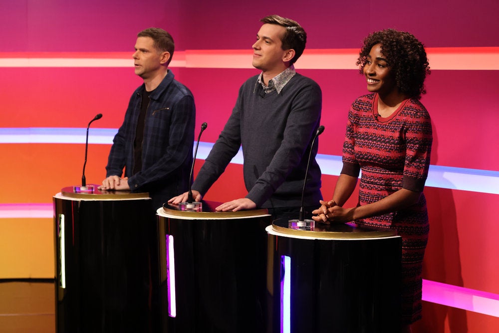 (l-r) Mikey Day as Danny, Andrew Dismukes as Tyler, and host Ayo Edebiri as Annie during the “Why’d You Say It” sketch on Saturday, February 3, 2024 Photo: Will Heath/NBC