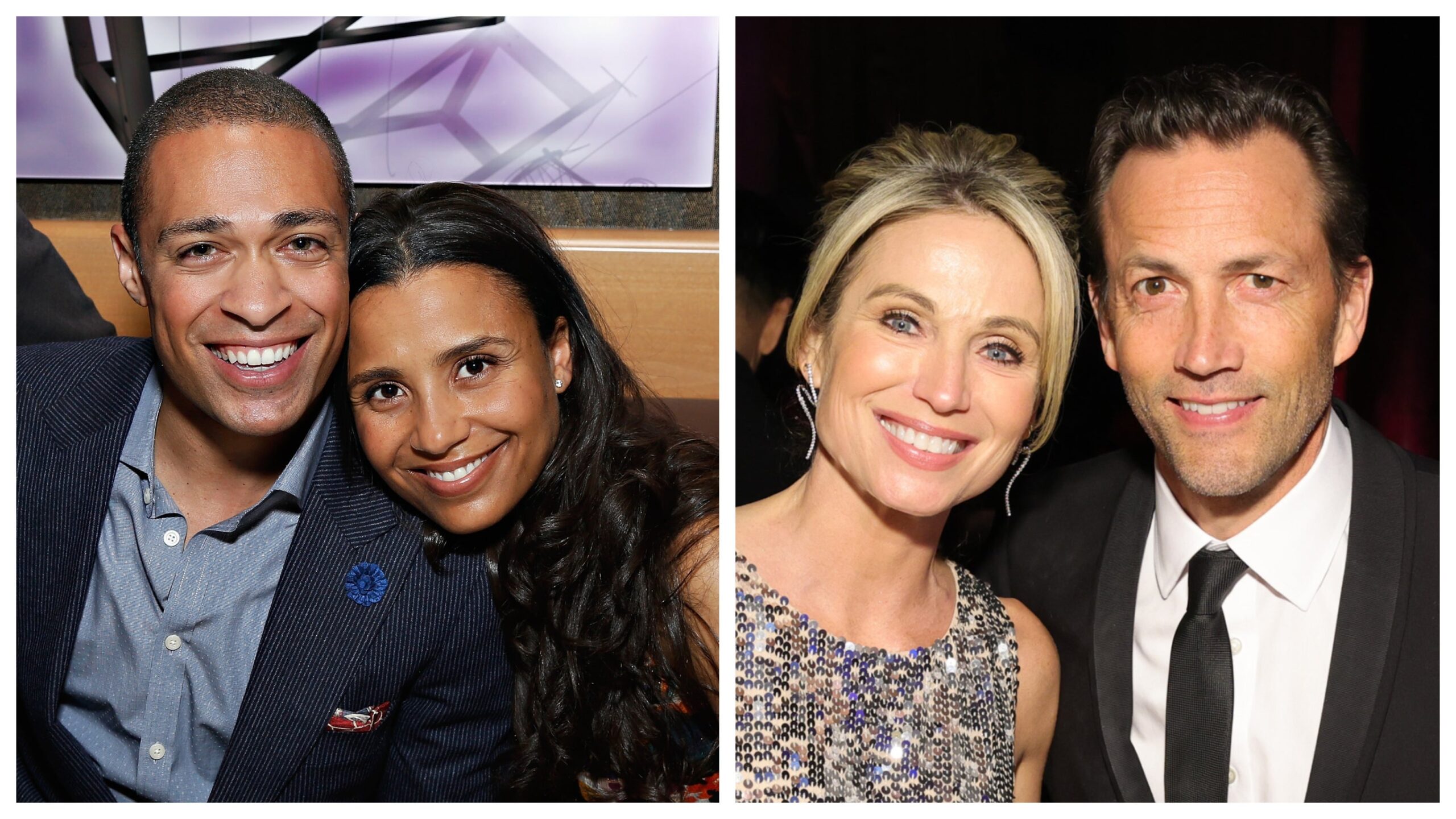 T.J. Holmes, left, and his ex-wife Marilee Fiebig, Amy Robach and her ex-husband Andrew Shue. Photo: Getty Images Cindy Ord/BET for BET; Cindy Ord for ADAPT Leadership Awards