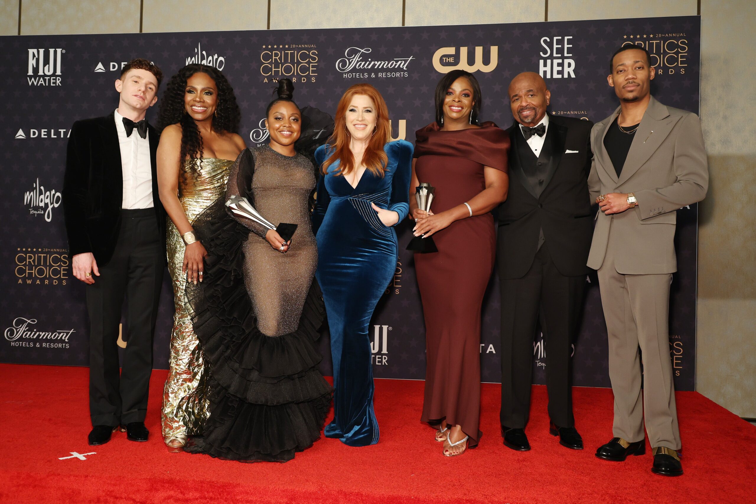 Chris Perfetti, Sheryl Lee Ralph, Quinta Brunson, Lisa Ann Walter, Janelle James, William Stanford Davis, and Tyler James Williams at the 28th Annual Critics Choice Awards at Fairmont Century Plaza on January 15, 2023 in Los Angeles, California. Photo: Getty Images Monica Schipper/WireImage
