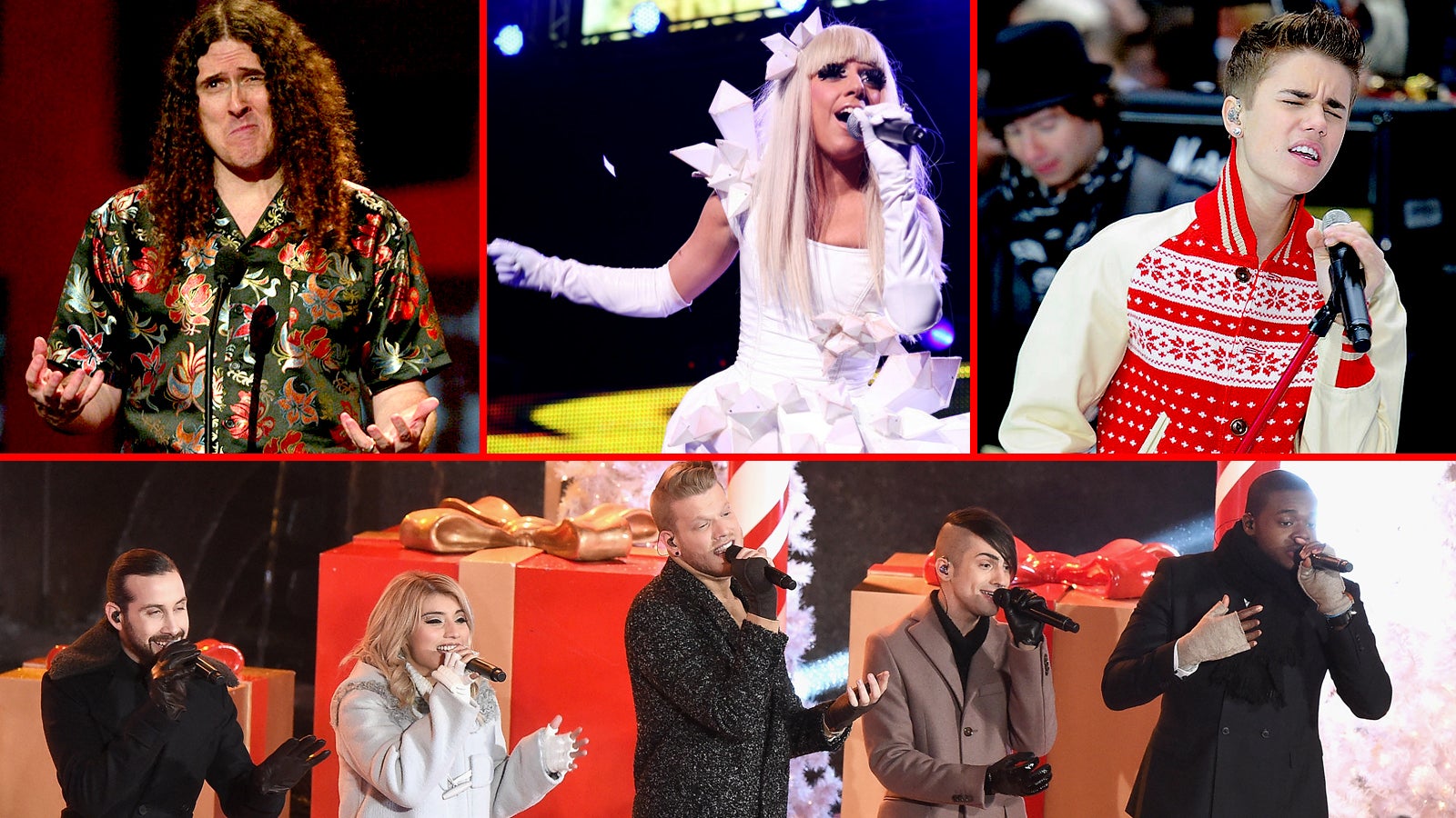 Clockwise from left: Weird Al Yankovic, Lady Gaga, Justin Bieber, Pentatonix Photo: Getty Images Frank Micelotta, Scott Gries, Andrew H. Walker, Theo Wargo