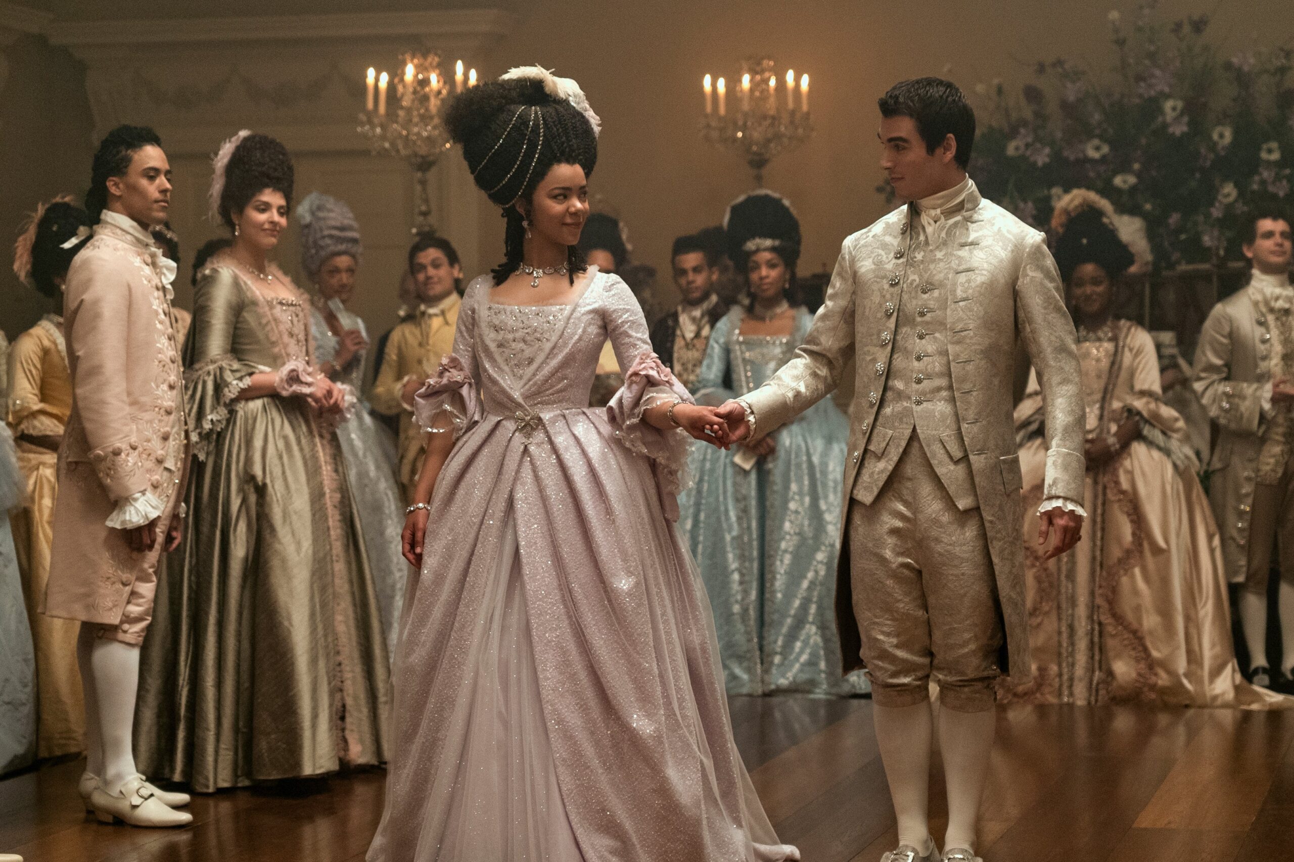 (L to R) India Amarteifio as Young Queen Charlotte, Corey Mylchreest as Young King George in Queen Charlotte: A Bridgerton Story. Photo: Liam Daniel/Netflix
