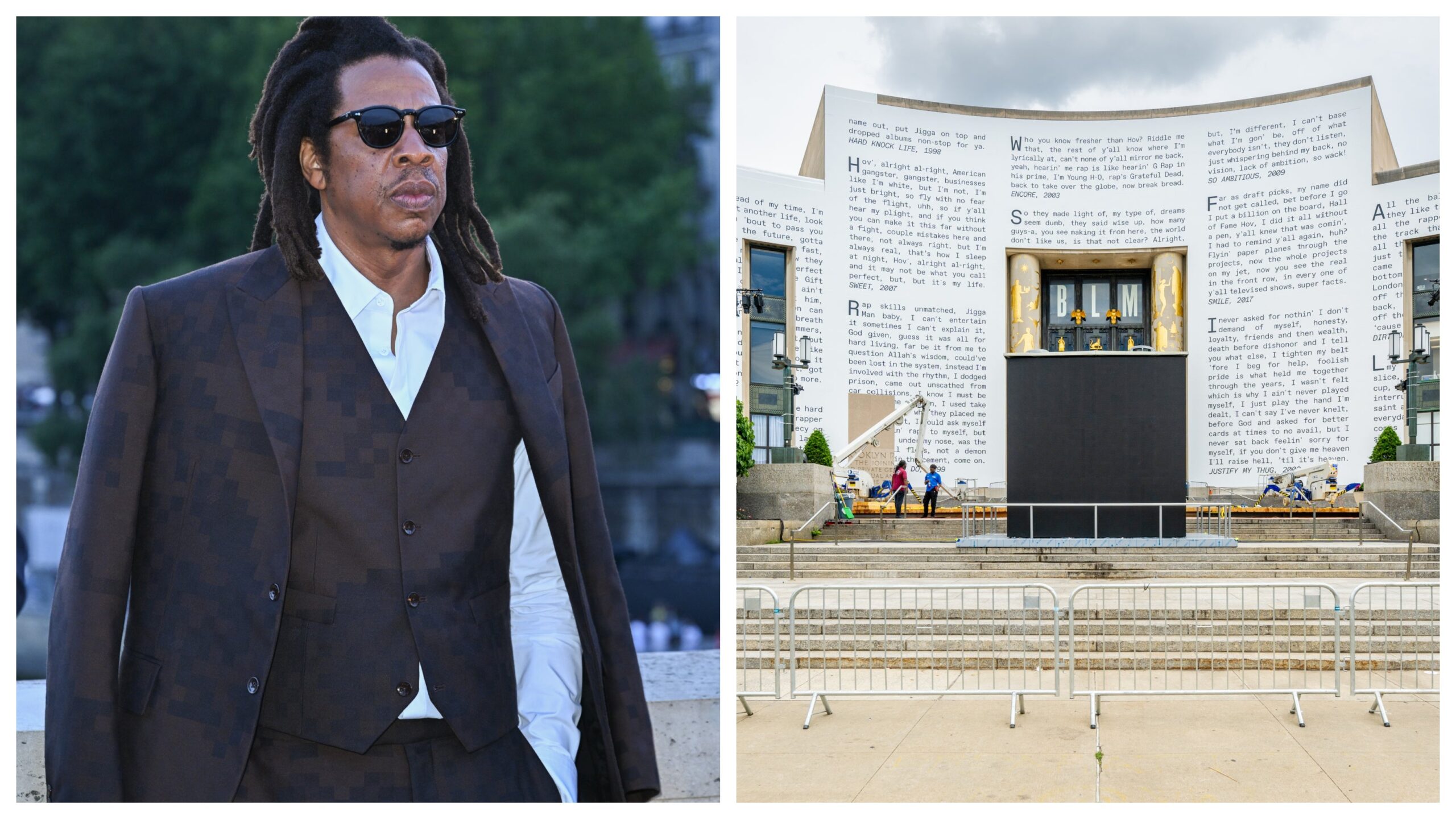 Jay-Z, left; The Central Library Building of the Brooklyn Public Library in Grand Army Plaza as it’s being covered with lyrics by artist Jay-Z in celebration of 50 years of Hip-Hop on July 10, 2023 in New York City. Photo: Getty Images Stephane Cardinale-Corbis/Corbis; Roy Rochlin