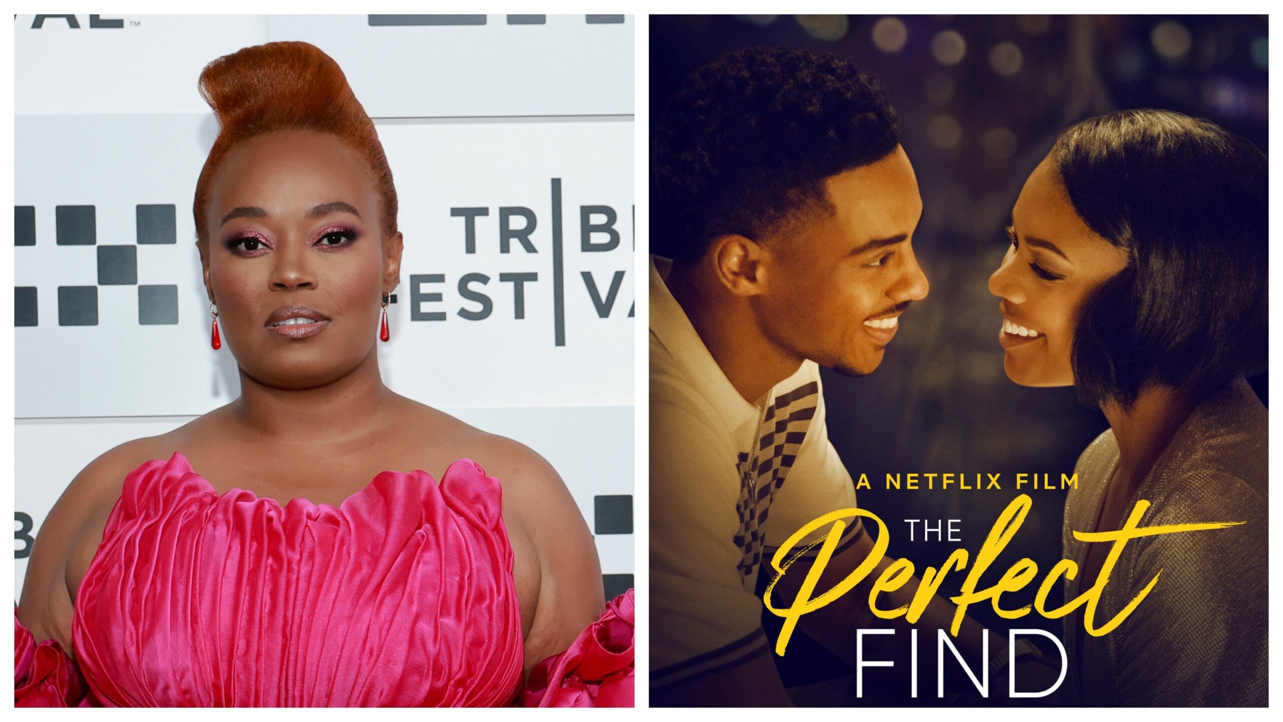 The Perfect Find director Numa Perrier, left; Still from The Perfect Find starring Keith Powers and Gabrielle Union. Photo: Getty Images Jason Mendez for Tribeca Festival/Netflix