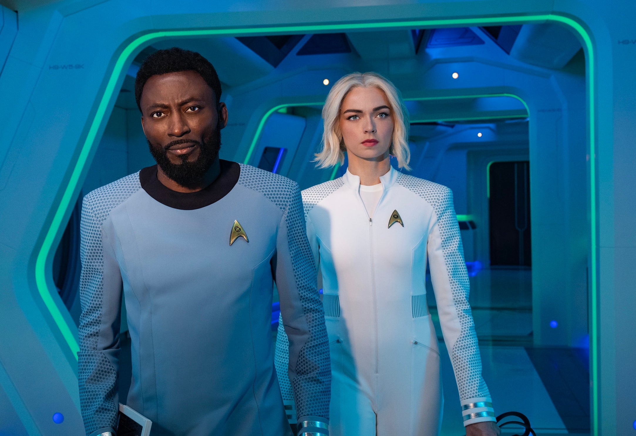 Babs Olusanmokun as MíBenga and Jess Bush as Chapel in Star Trek: Strange New Worlds. Photo: Kharen Hill/Paramount+