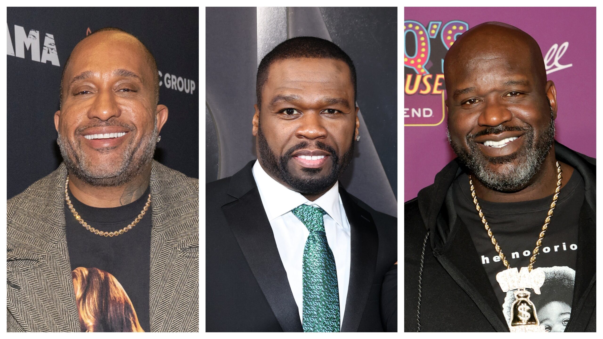 Kenya Barris, left; 50 Cent, Shaquille O’Neal. Photo: Getty Images Erik Voake for MNRK Music Group/Tommaso Boddi for STARZ/Ethan Miller