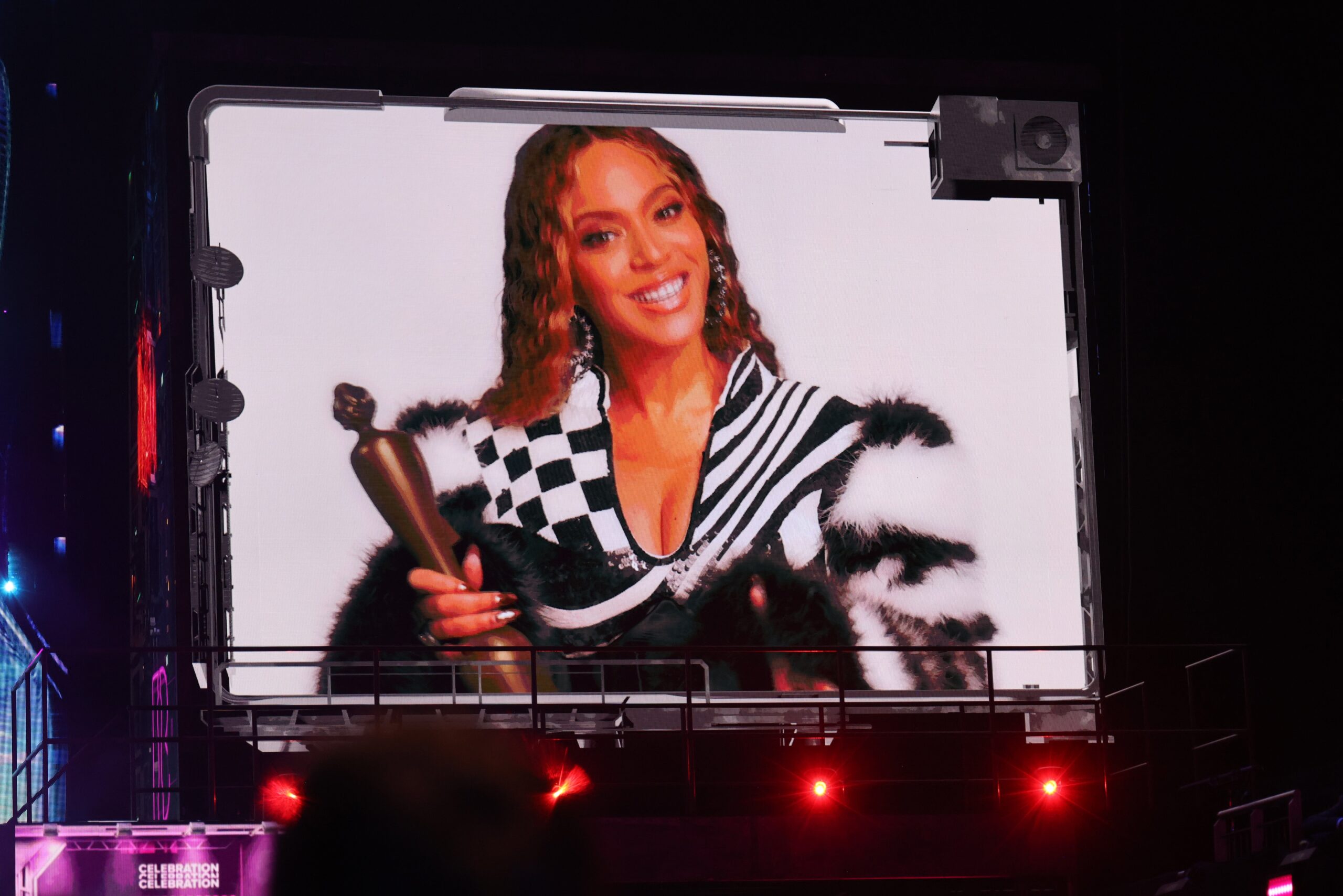 Beyonce speaks on stage via video message as they receive the award for International Song of the Year during The BRIT Awards 2023 at The O2 Arena on February 11, 2023 in London, England. Photo: Getty Images JMEnternational
