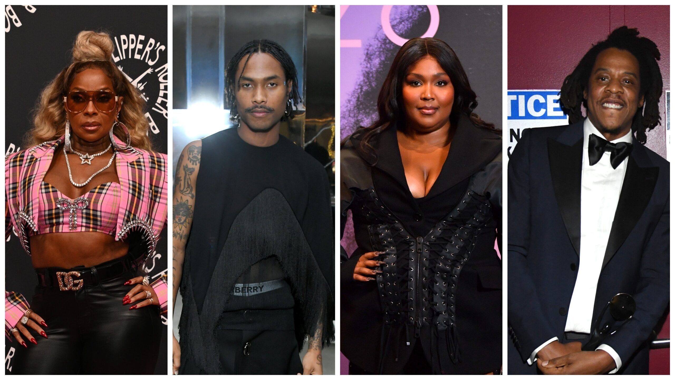 Mary J. Blige, left; Steve Lacy, Lizzo, and Jay-Z. Photo: Getty Images Dave Benett for Flipper’s Roller Boogie Palace/ Charley Gallay for Burberry/Sarah Morris for The Recording Academy/Kevin Mazur for The Rock and Roll Hall of Fame
