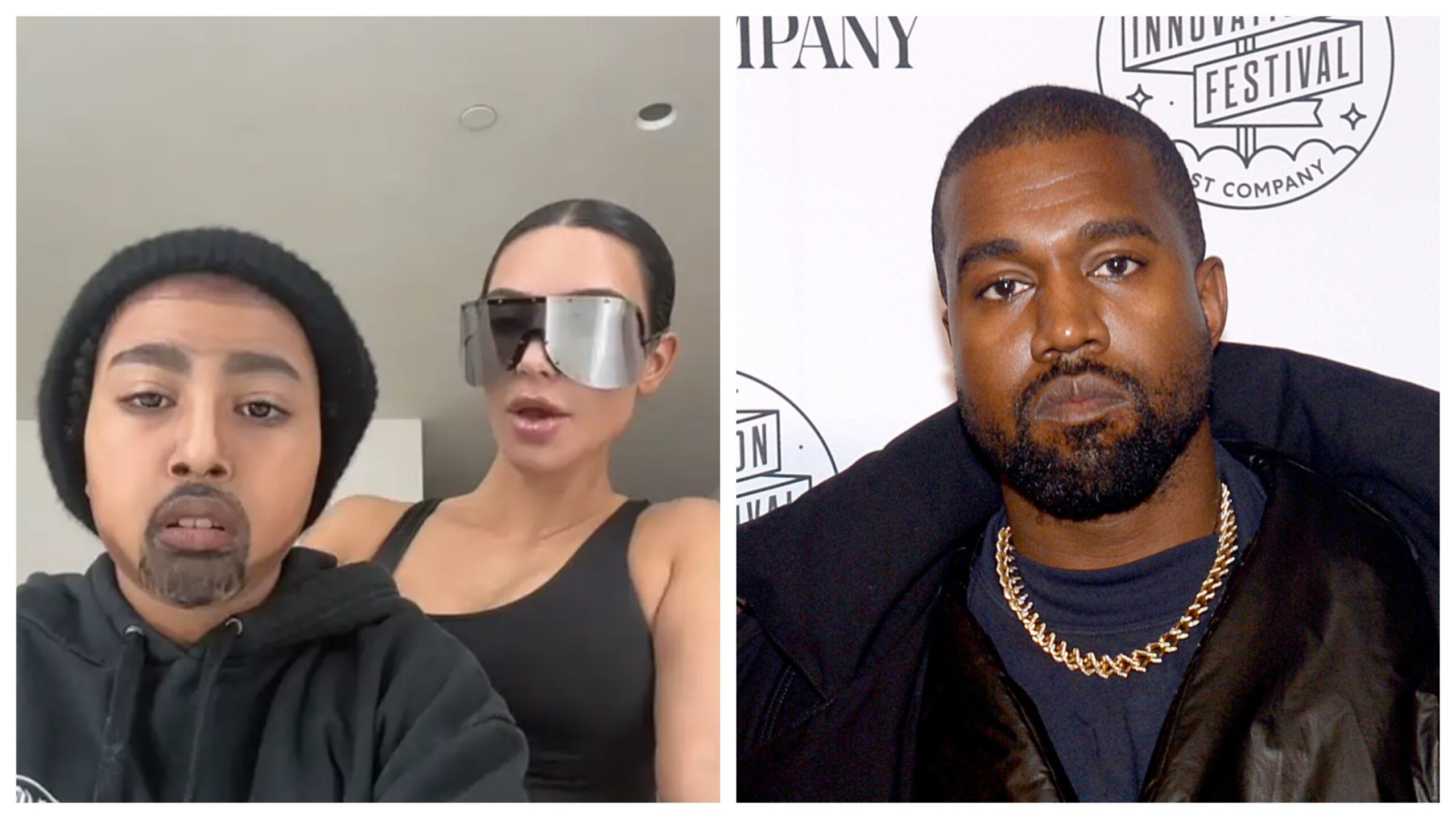 North West, left; Kim Kardashian, and Kanye West. Image: TikTok/KimandNorth; Brad Barket/Getty Images for Fast Company