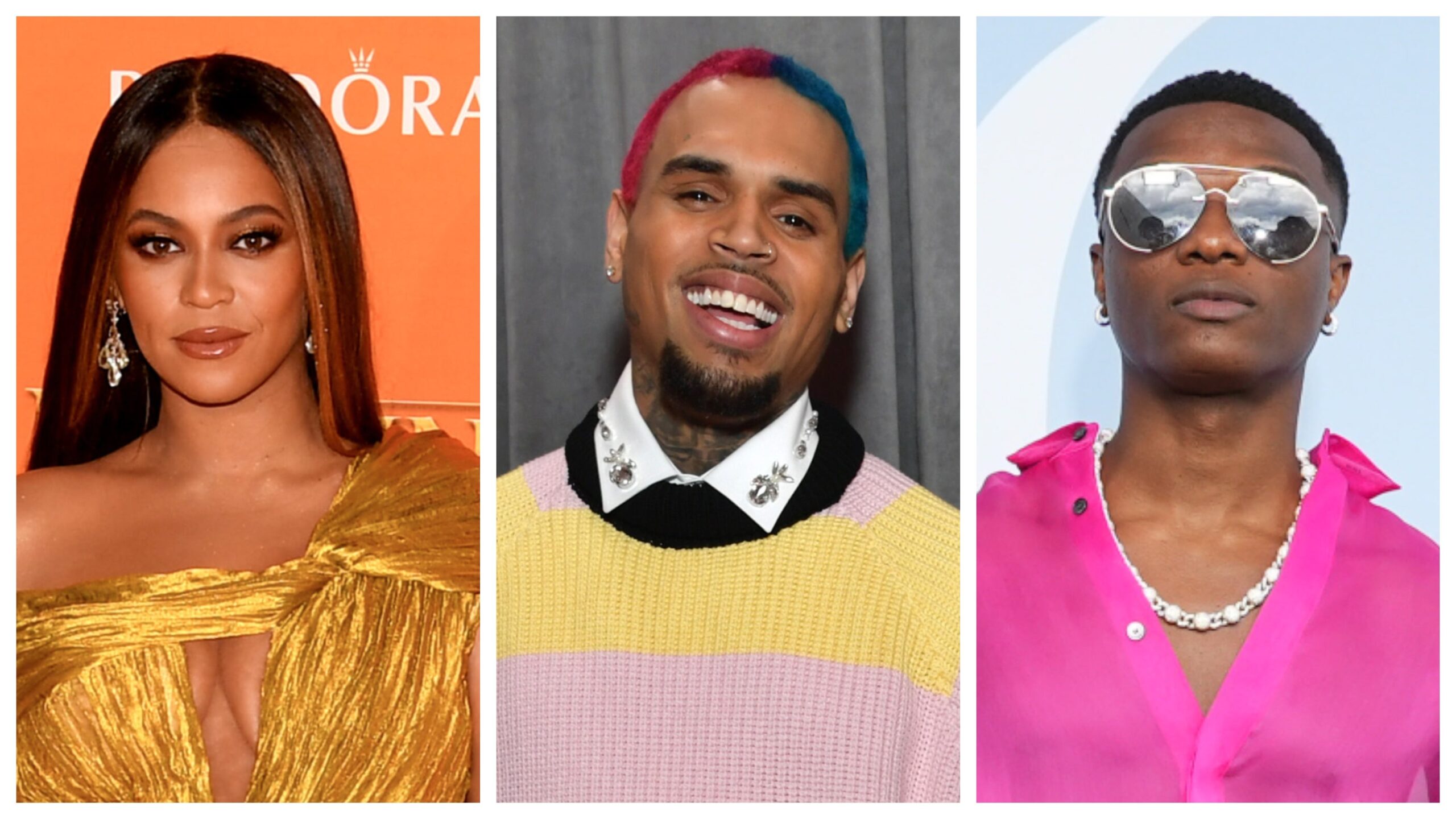 Beyoncé, left; Chris Brown, and Wizkid. Photo: Getty Images Gareth Cattermole for Disney/Emma McIntyre for The Recording Academy/ Francois Durand for Christian Dior