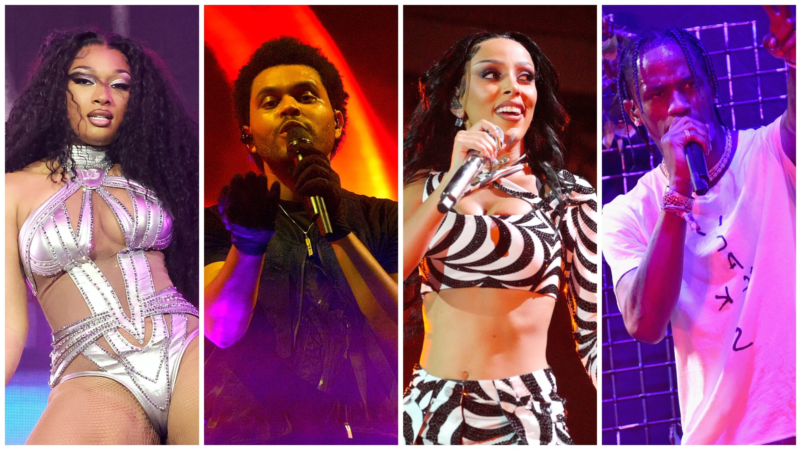 Megan Thee Stallion, left; The Weeknd, Doja Cat, and Travis Scott. Photo: Getty Images Kevin Winter/Kevin Mazur for ABA/Kevin Mazur for Coachella/Emma McIntyre for Coachella
