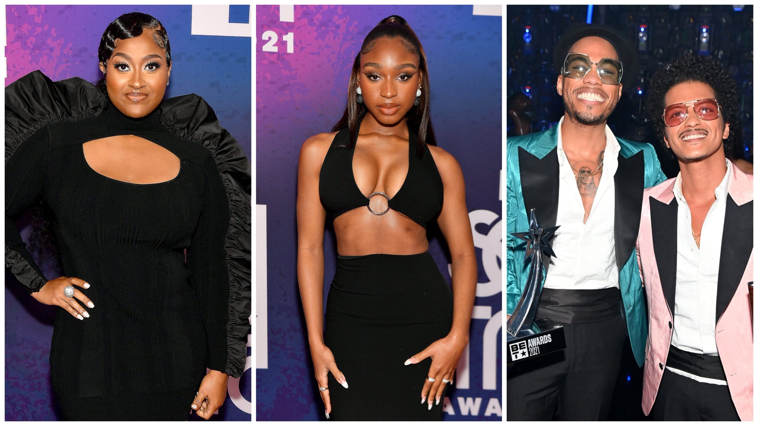 Jazmine Sullivan, left; Normani; Anderson. Paak and Bruno Mars of Silk Sonic. Photo: Getty Images Paras Griffin for BET