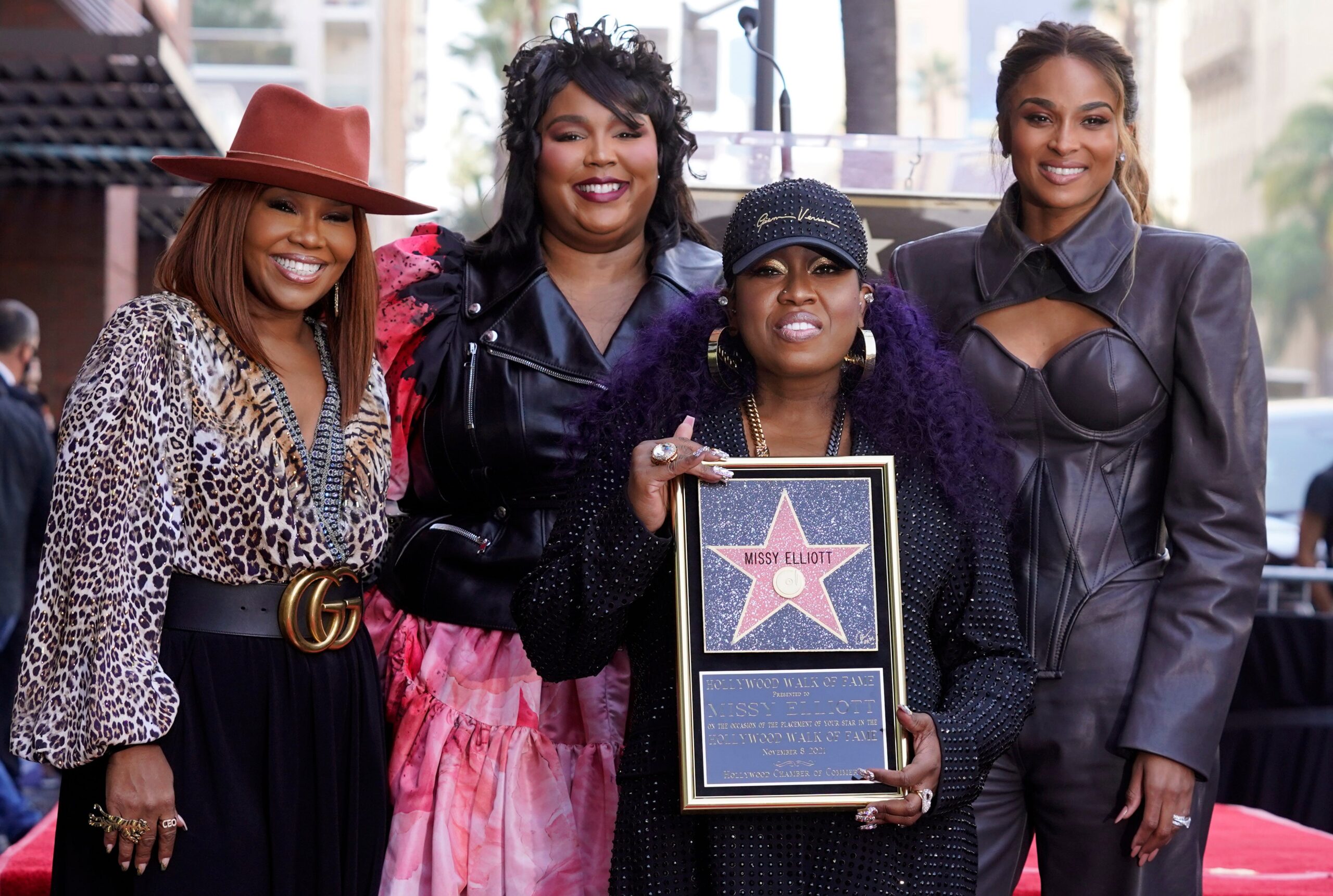 Missy Elliott, second from right, poses with manager Mona Scott-Young, left, and singers Lizzo and Ciara at a ceremony to award Elliott a star on the Hollywood Walk of Fame, Monday, Nov. 8, 2021, in Los Angeles, Calif. Photo: AP Chris Pizzello