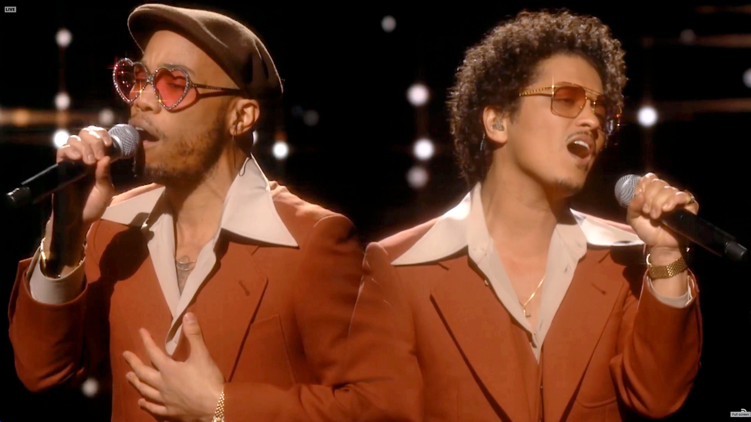 Anderson .Paak, left, and Bruno Mars of music group Silk Sonic perform onstage during the 63rd Annual GRAMMY Awards on March 14, 2021. Photo: Getty Images Theo Wargo for The Recording Academy