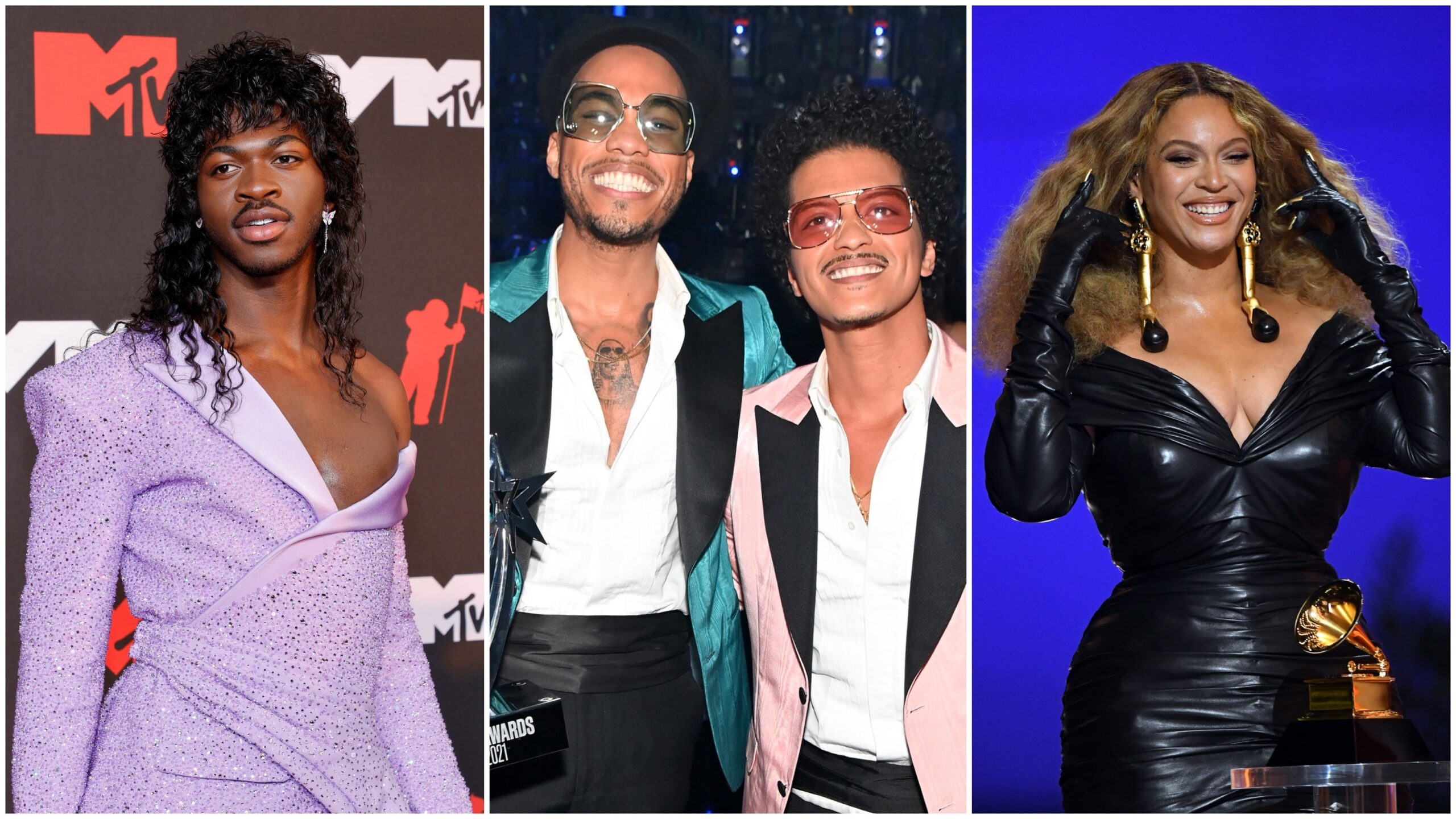 (Left to Right): Lil Nas X; Silk Sonic’s Anderson.Paak and Bruno Mars; Beyoncé. Photo: Getty Images Jason Kempin/Paras Griffin for BET/evin Winter for The Recording Academy