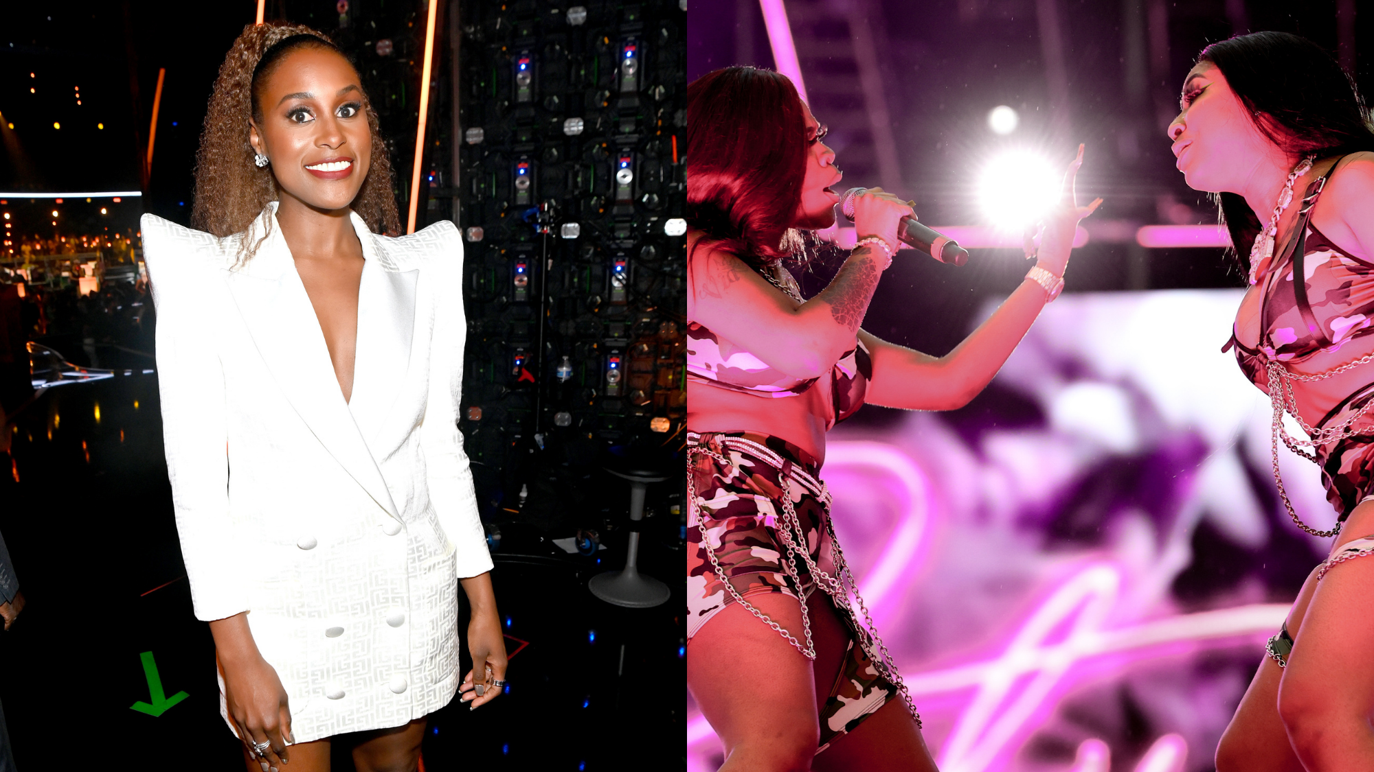 Issa Rae attends the BET Awards 2021 on June 27, 2021; JT and Yung Miami of City Girls performs on stage during Rolling Loud on July 23, 2021 Photo: Getty Images Paras Griffin; Rich Fury