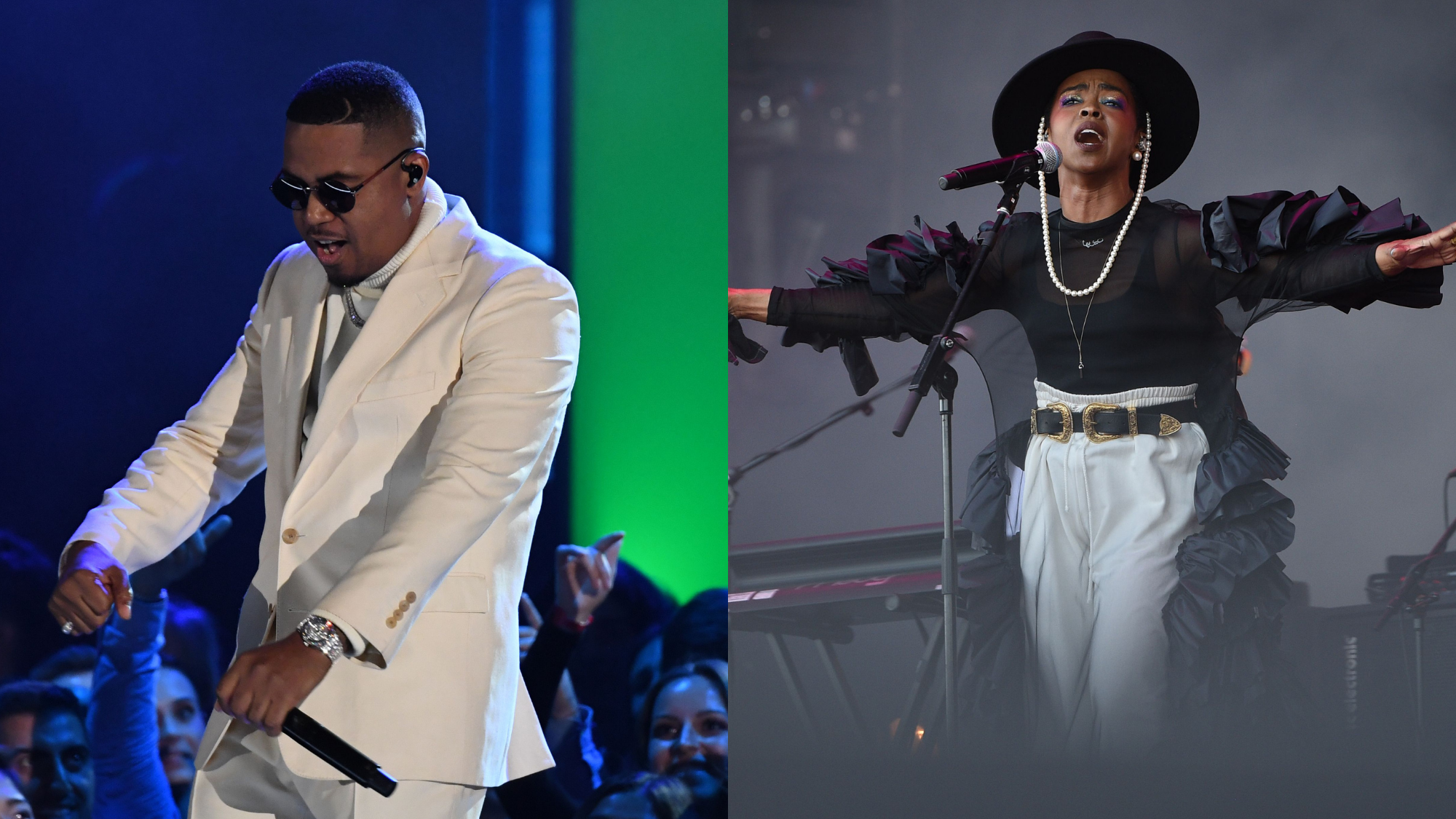 Nas performs during the 62nd Annual Grammy Awards on January 26, 2020; Ms. Lauryn Hill performs on the third day of the Glastonbury Festival of Music and Performing Arts on June 28, 2019. Photo: Getty Images ROBYN BECK/AFP