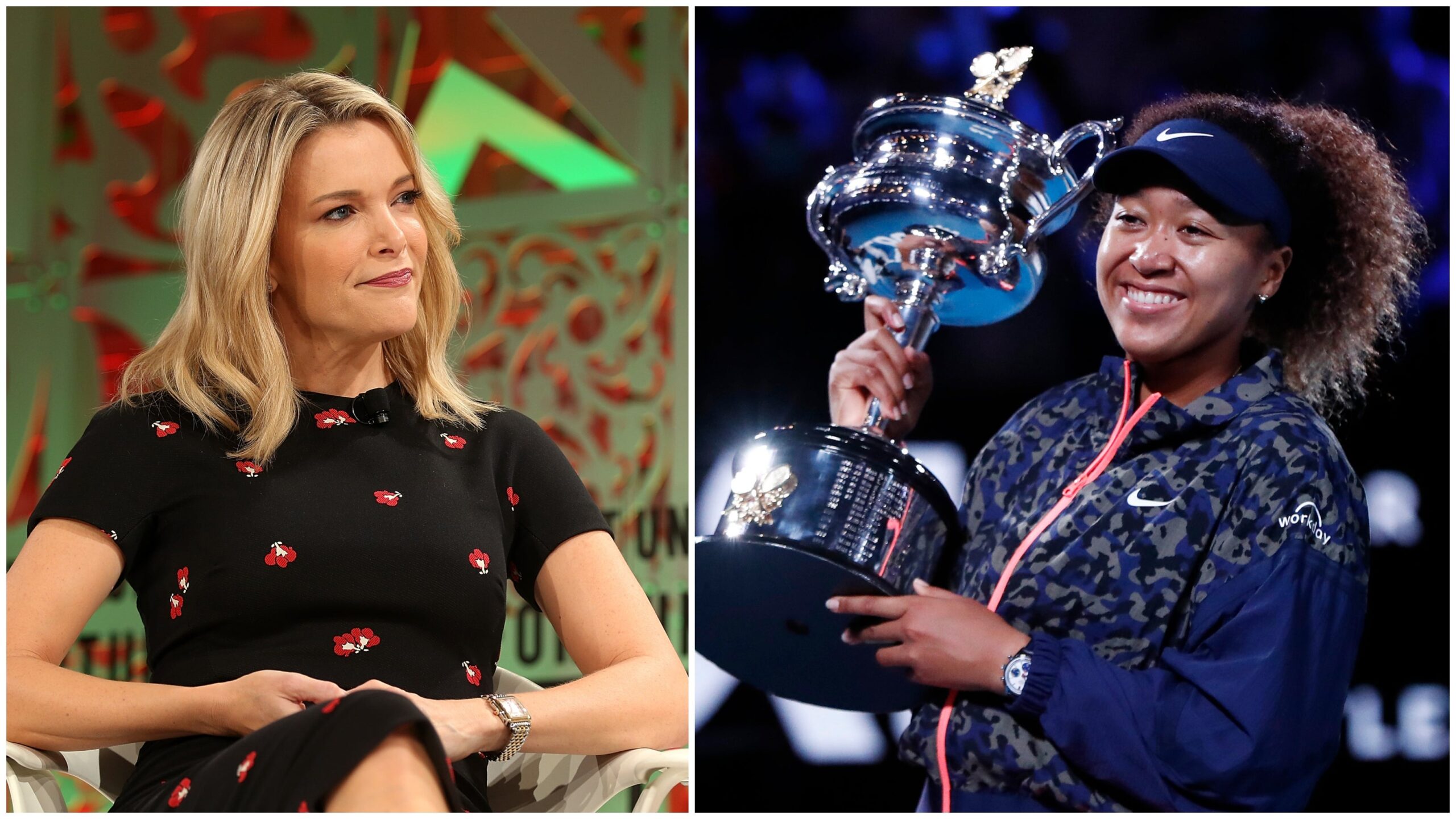 Megyn Kelly at the Fortune Most Powerful Women Summit 2018 on October 2, 2018 in Laguna Niguel, California; Naomi Osaka poses with the Daphne Akhurst Memorial Cup during the 2021 Australian Open on February 20, 2021 in Melbourne, Australia. Photo: Getty Images Phillip Faraone for Fortune/Darrian Traynor