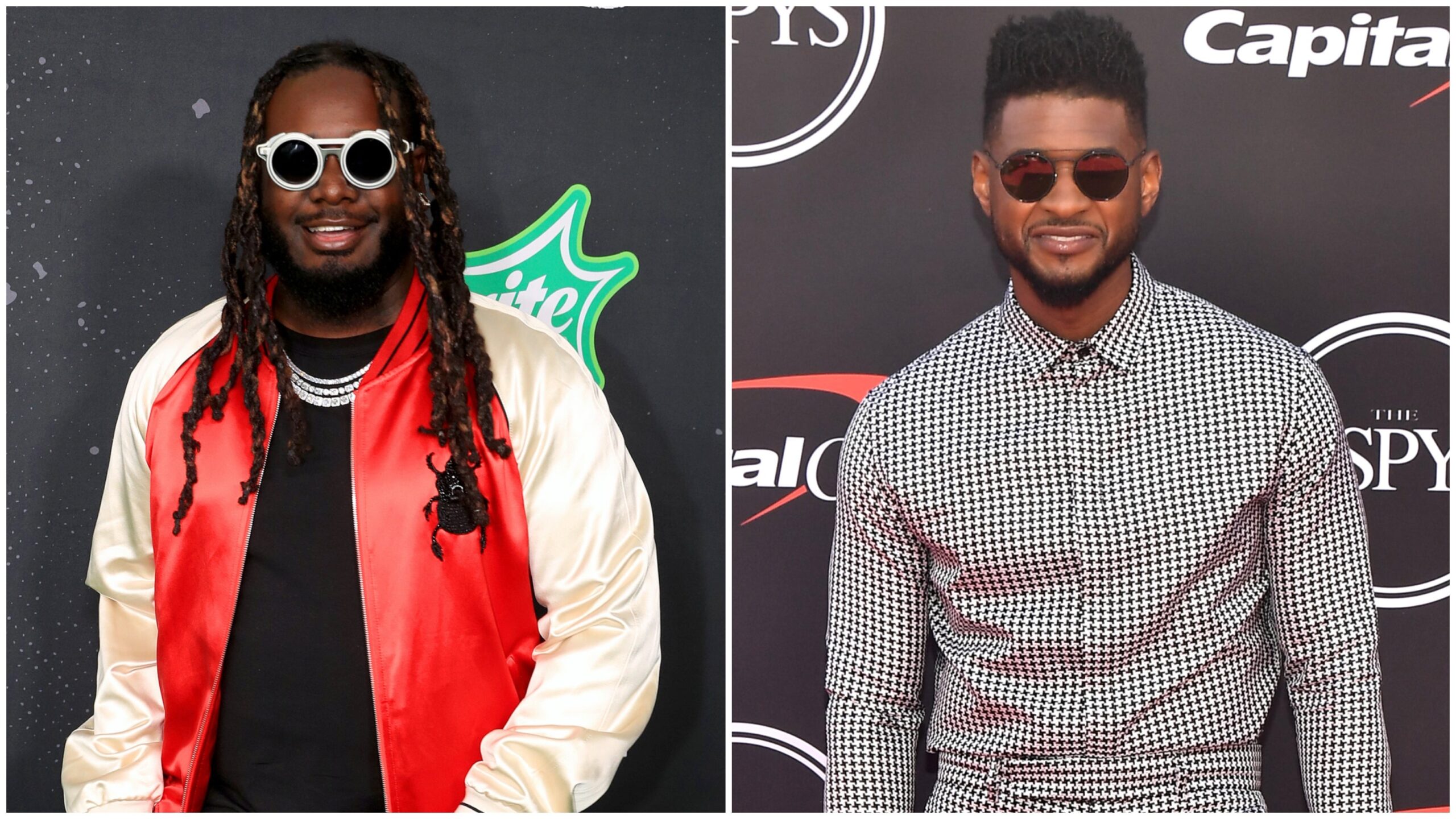 ((Left to Right): T-Pain attends the BET Hip Hop Awards 2019 on October 05, 2019 in Atlanta, Georgia; Usher attends The 2019 ESPYson July 10, 2019 in Los Angeles, California. Photo: Getty Images Carmen Mandato/Matt Winkelmeyer