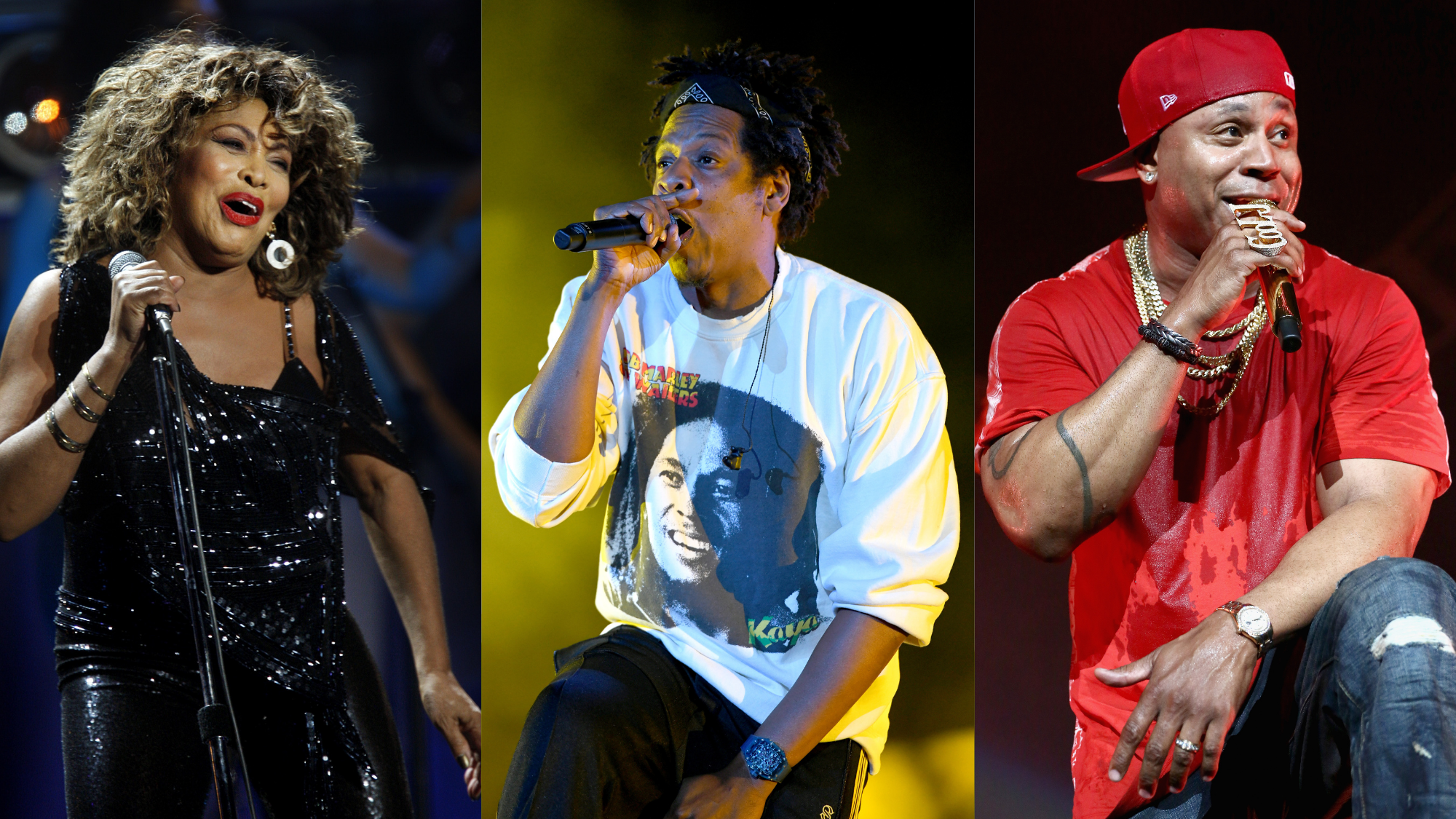 Tina Turner performs on March 21, 2009; Jay-Z performs onstage on April 27, 2019; LL Cool J performs on June 21, 2018. Photo: Getty Images Robert Vos/ANP/AFP