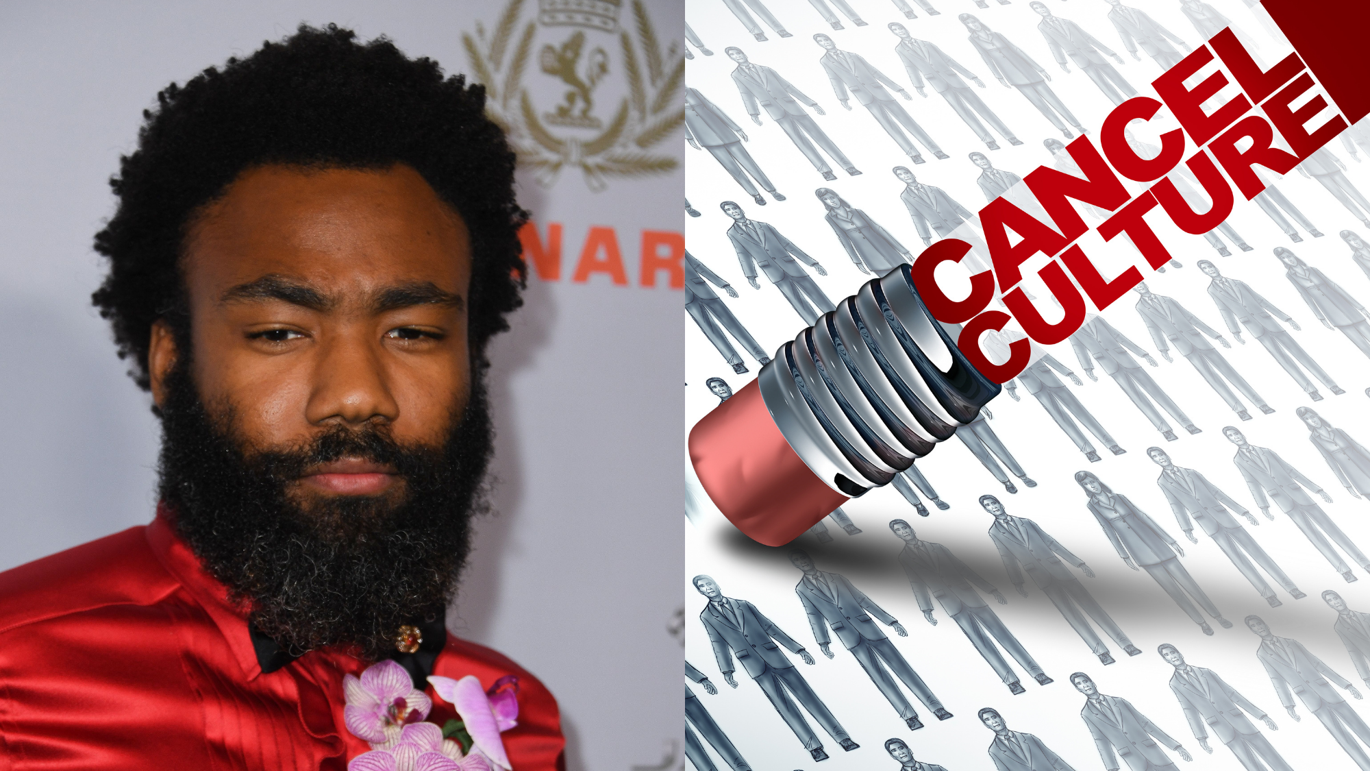 Donald Glover arrives for the 2019 British Academy Britannia (BAFTA) awards on October 25, 2019; Cancel culture symbol. Photo: Getty Images Valerie Macon/AFP