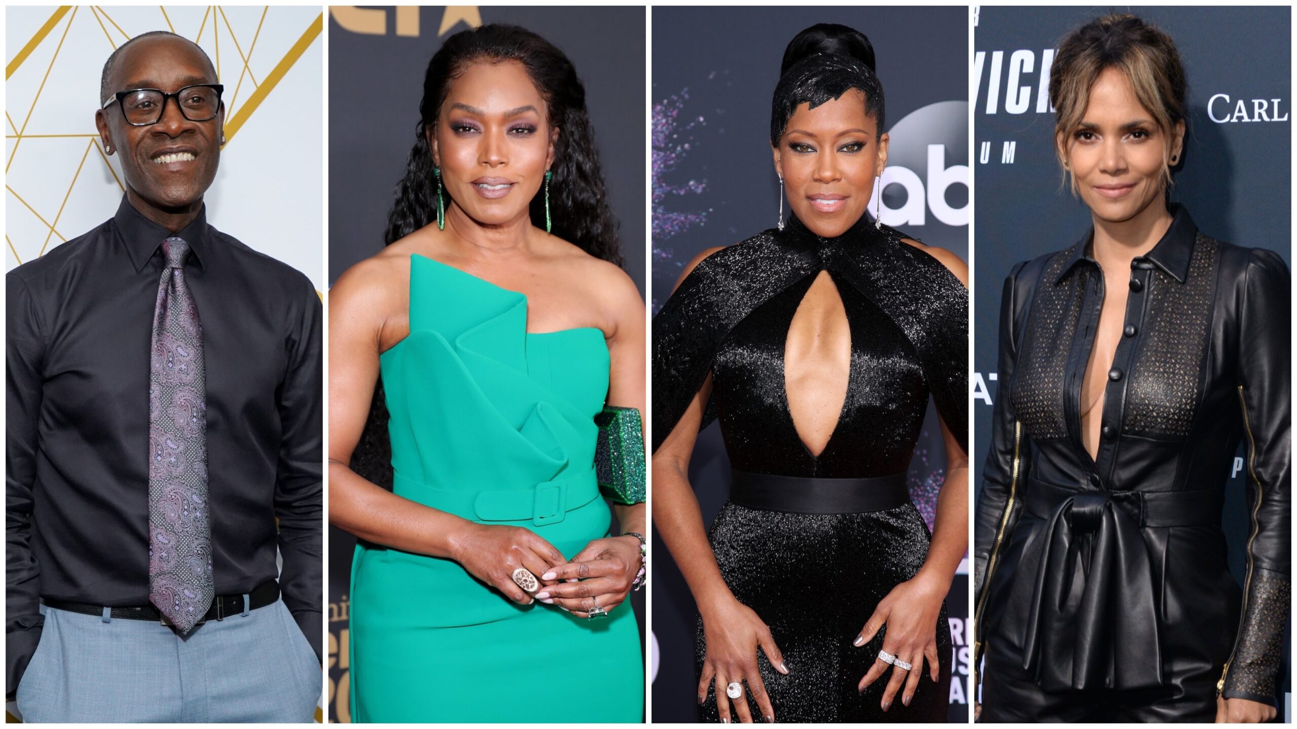 Don Cheadle at the Showtime Emmy Eve Nominees Celebrations on September 21, 2019 in West Hollywood, California; Angela Bassett attends the 51st NAACP Image Awards on February 22, 2020 in Pasadena, California; Regina King at the 2019 American Music Awards on November 24, 2019 in Los Angeles, California; Halle Berry celebrates the premiere of “John Wick: Chapter 3 - Parabellum” on May 15, 2019 in Los Angeles, California. Photo: Getty Images Rachel Luna/Leon Bennett for BET/Rich Fury/Vivien Killilea for Carl F. Bucherer