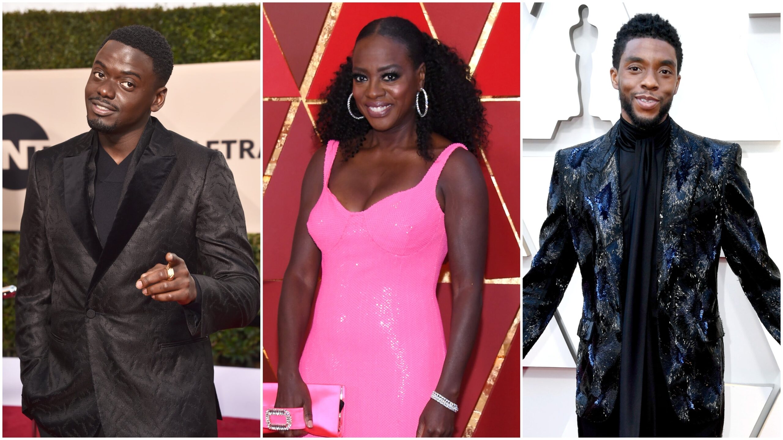 Daniel Kaluuya attends the 24th Annual Screen Actors Guild Awards on January 21, 2018 in Los Angeles, California; Viola Davis at the 90th Annual Academy Awards on March 4, 2018 in Hollywood, California; Chadwick Boseman attends the 91st Annual Academy Awards on February 24, 2019 in Hollywood, California. Photo: Getty Images Alberto E. Rodriguez/Kevork Djansezian/Frazer Harrison