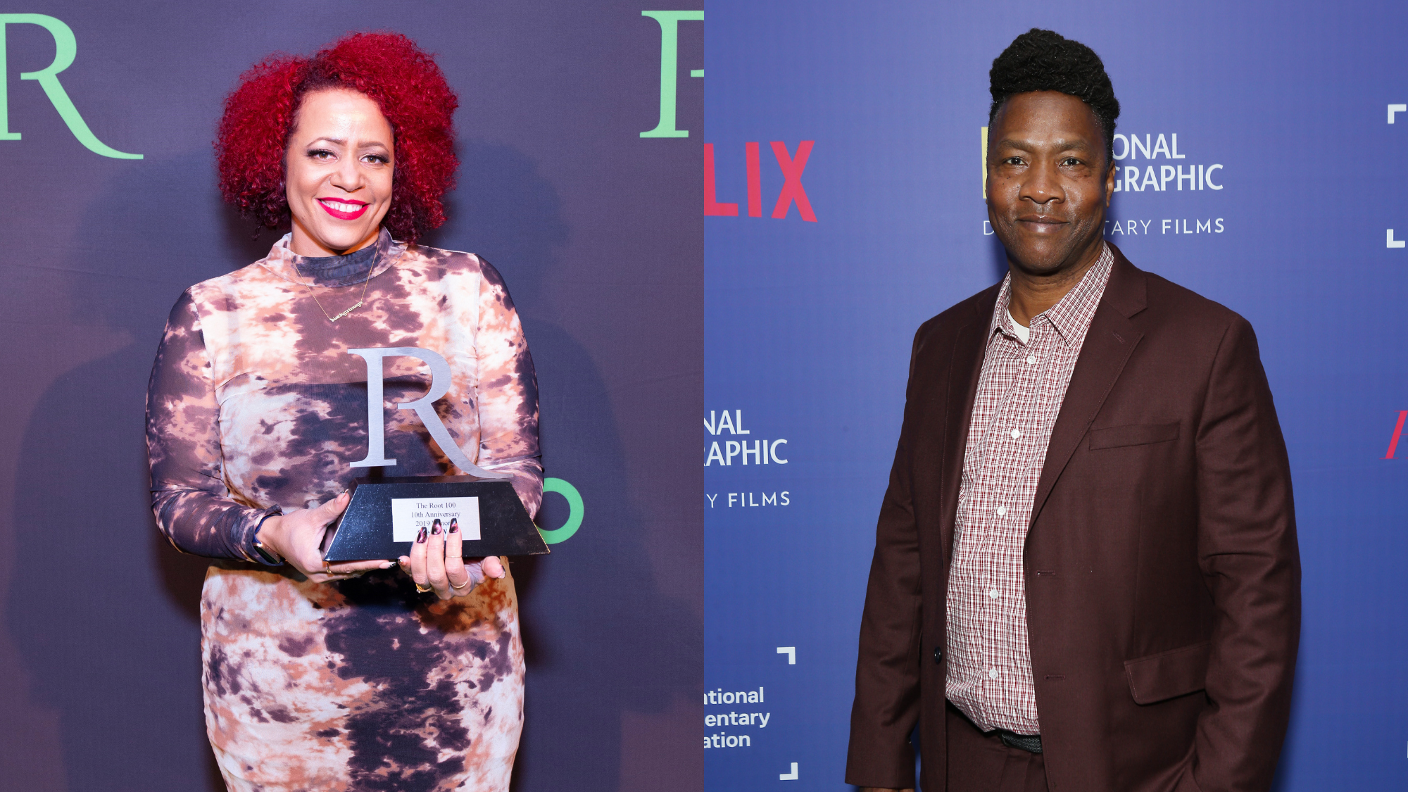 Nicole Hannah-Jones, left, attends 2019 ROOT 100 Gala on November 21, 2019; Roger Ross Williams attends the International Documentary Association’s 35th Annual IDA Documentary Awards on December 07, 2019. Photo: Getty Images Arturo Holmes/Getty Images