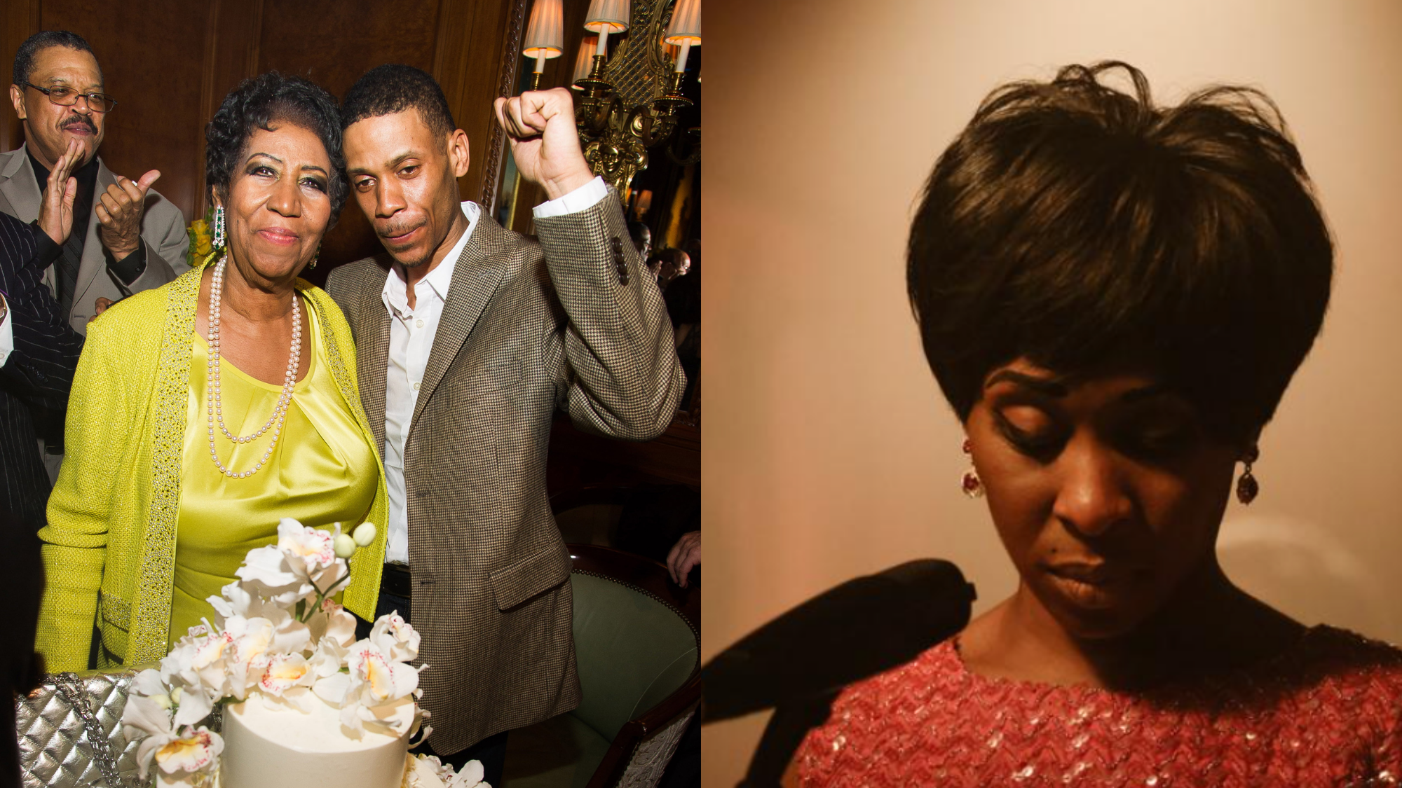 Aretha Franklin and her son Kecalf Cunningham attend her 72nd birthday celebration on Sunday, March 23, 2014; Cynthia Erivo as Aretha Franklin in Genius: Aretha (2021). Photo: AP Charles Sykes/Invision/AP