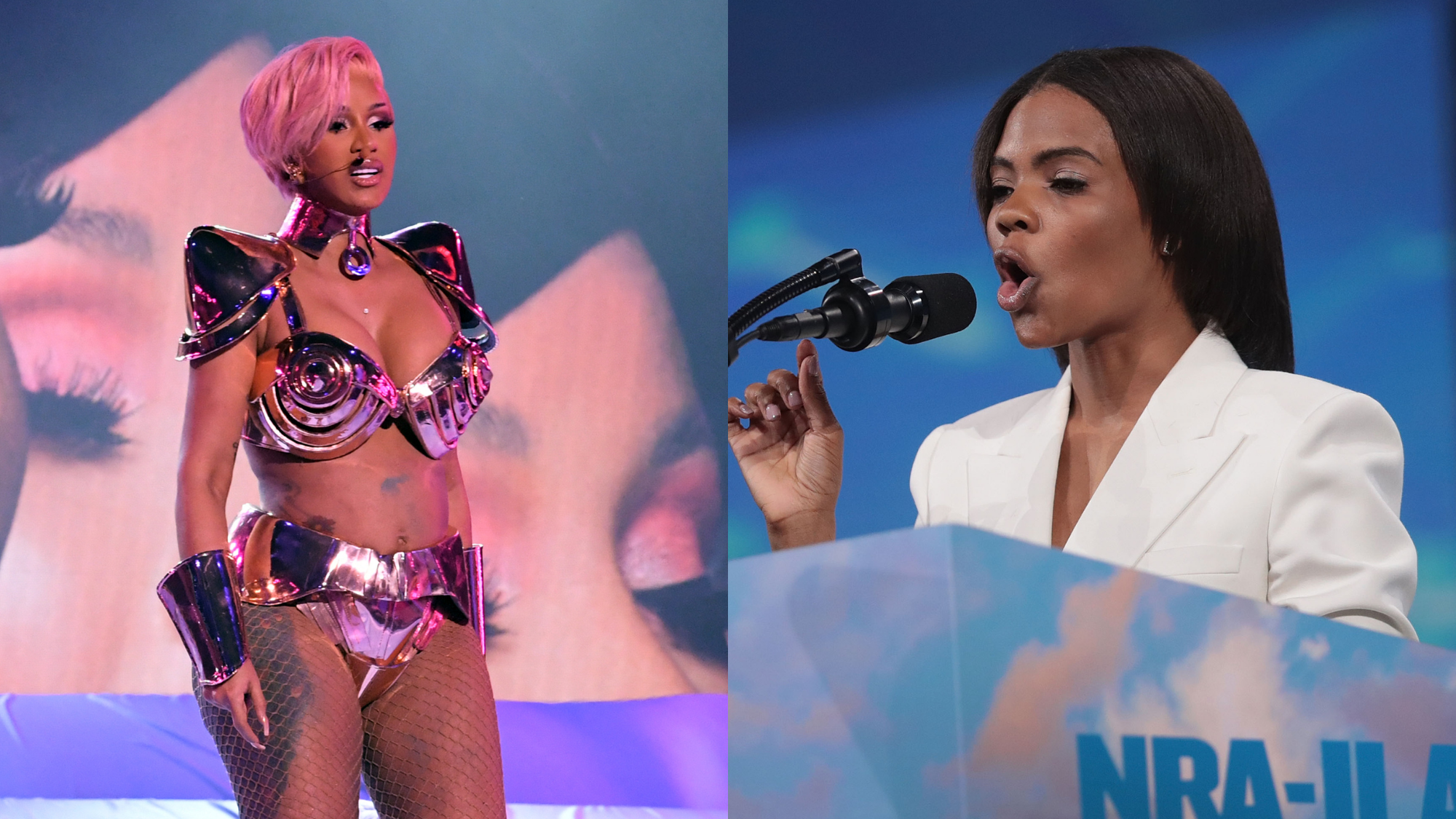Cardi B performs onstage during the 63rd Annual GRAMMY Awards on March 14, 2021; Candace Owens speaks to guests during the NRA-ILA Leadership Forum on April 26, 2019. Photo: Getty Images Kevin Winter/Getty Images for The Recording Academy