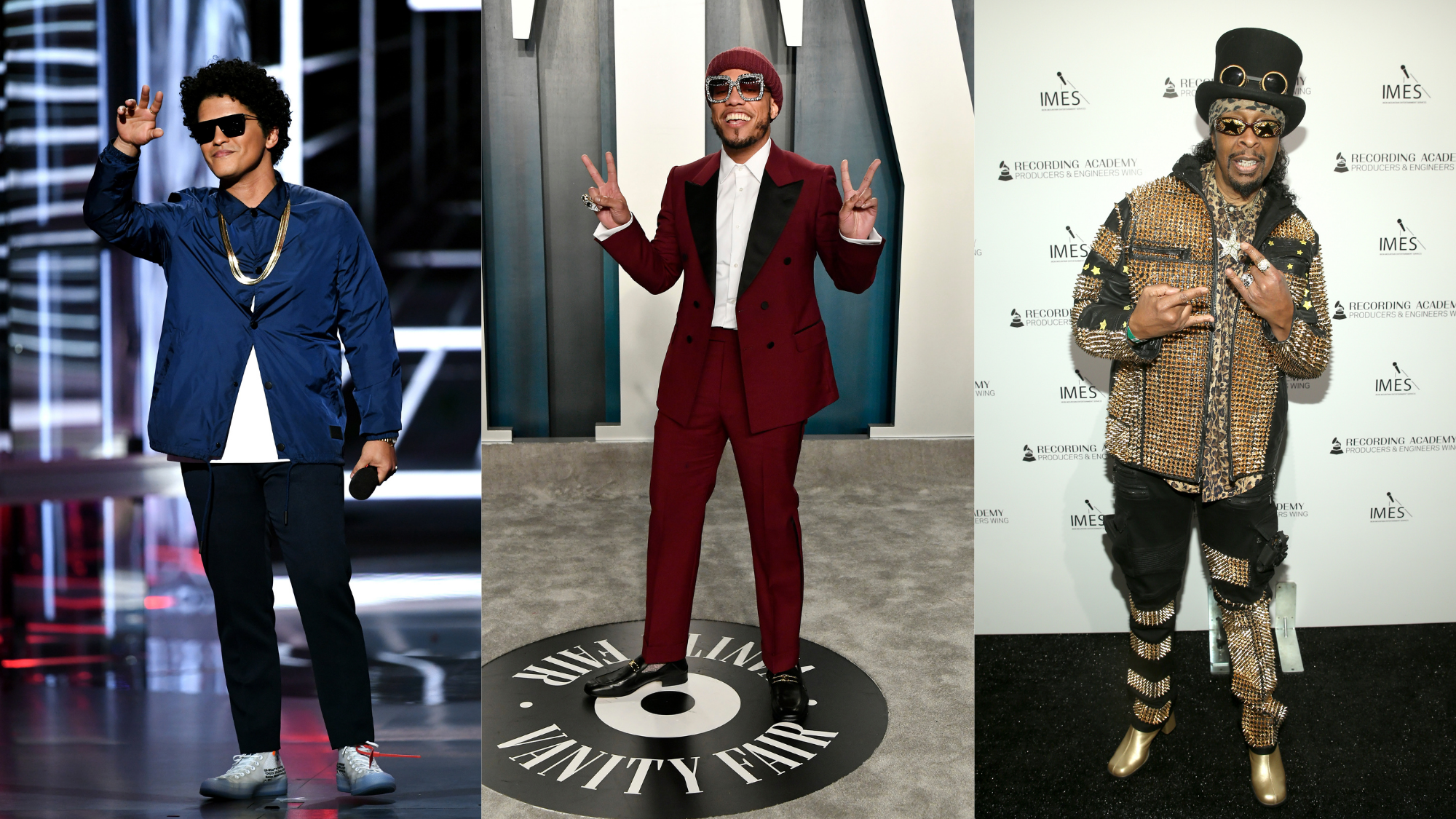 Bruno Mars speaks onstage during the 2018 Billboard Music Awards on May 20, 2018; Anderson .Paak attends the 2020 Vanity Fair Oscar Party on February 09, 2020; Bootsy Collins attends the Producers & Engineers Wing 13th annual GRAMMY week event honoring Dr. Dre on January 22, 2020. Photo: Getty Images Kevin Winter/Getty Images