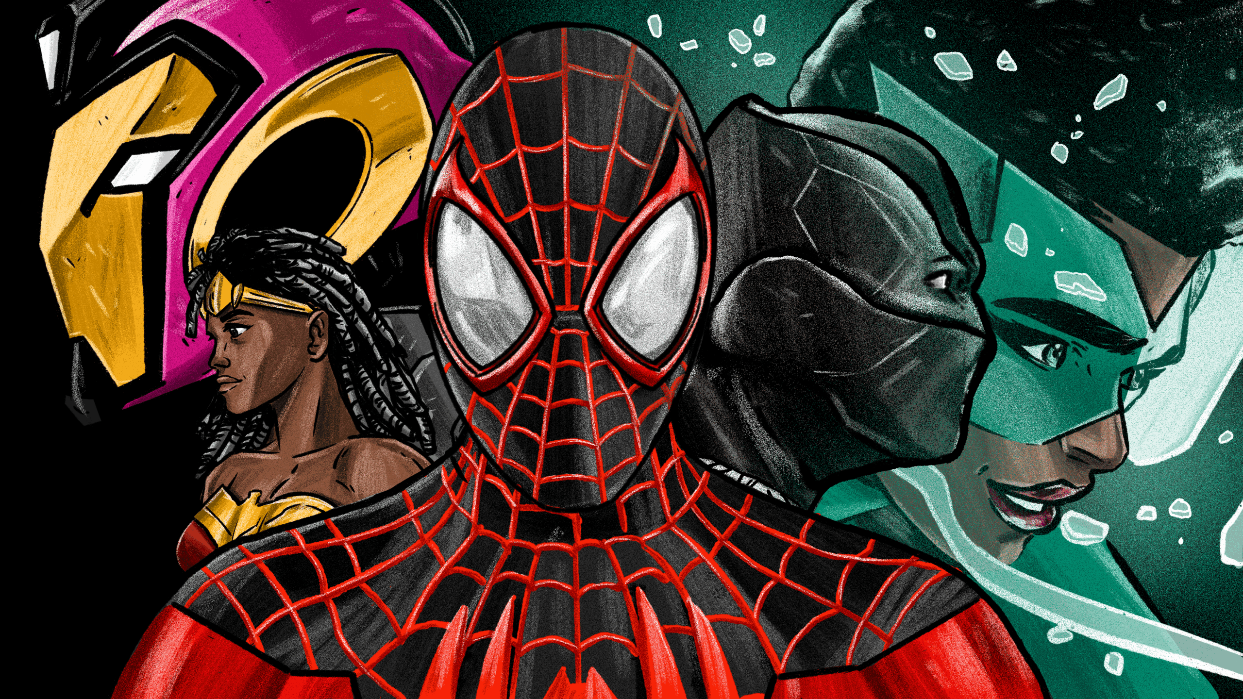 From Left to Right: Ironheart, created by Brian Michael Bendis and Mike Deodato, Nubia, created by Robert Kanigher and Don Heck, Black Panther, created by Stan Lee and Jack Kirby, Sojourner “Jo” Mullein, created by N.K Jemisin and Jamal Campbell Illustration: Benjamin Currie