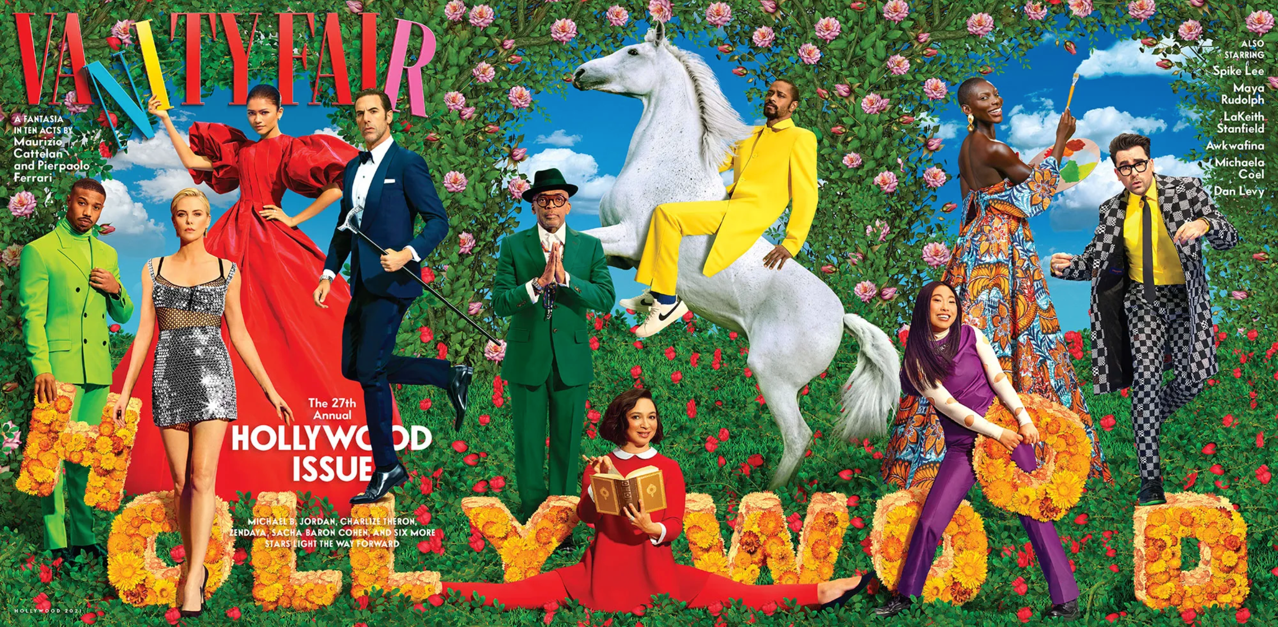 Michael B. Jordan, left, Charlize Theron, Zendaya, Sacha Baron Cohen, Spike Lee, Maya Rudolph, Lakeith Stanfield, Awkwafina, Michaela Coel and Dan Levy Screenshot: Maurizio Cattelan and Pierpaolo Ferrari for Vanity Fair