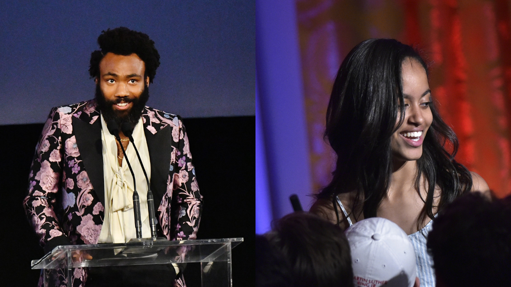 Donald Glover speaks onstage during the 2019 LACMA Art + Film Gala Presented By Gucci on November 02, 2019; Malia Obama, during an Independence Day Celebration for military members and administration staff on July 4, 2016. Photo: Getty Images Emma McIntyre/Getty Images for LACMA