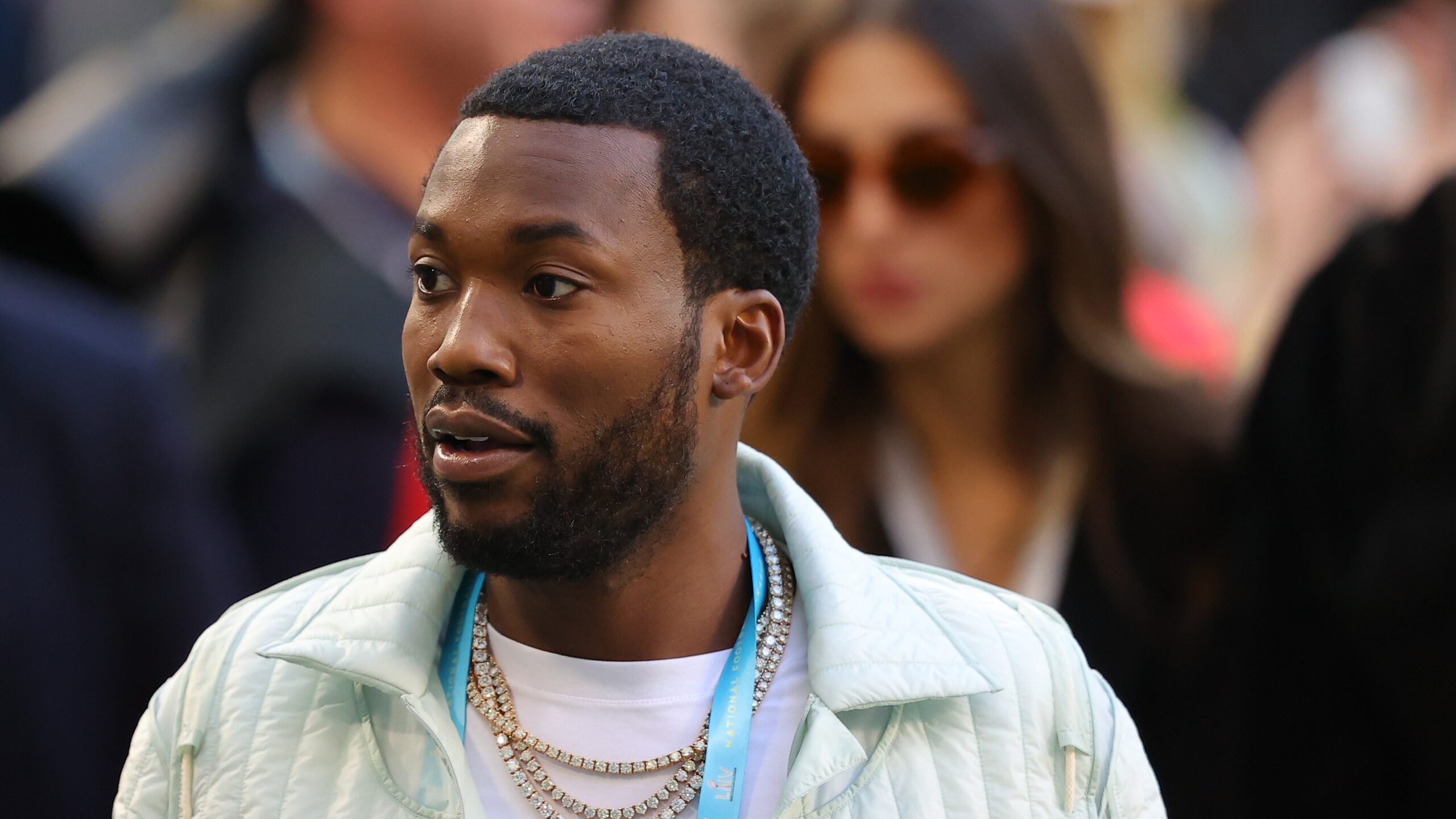 Meek Mill looks on before Super Bowl LIV at Hard Rock Stadium on February 02, 2020. Photo: Getty Images Ronald Martinez/Getty Images
